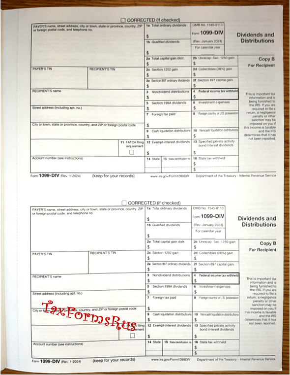 2025 IRS Tax Form 1099-DIV single sheet set for 2 recipients NON-carbonless 4-pt