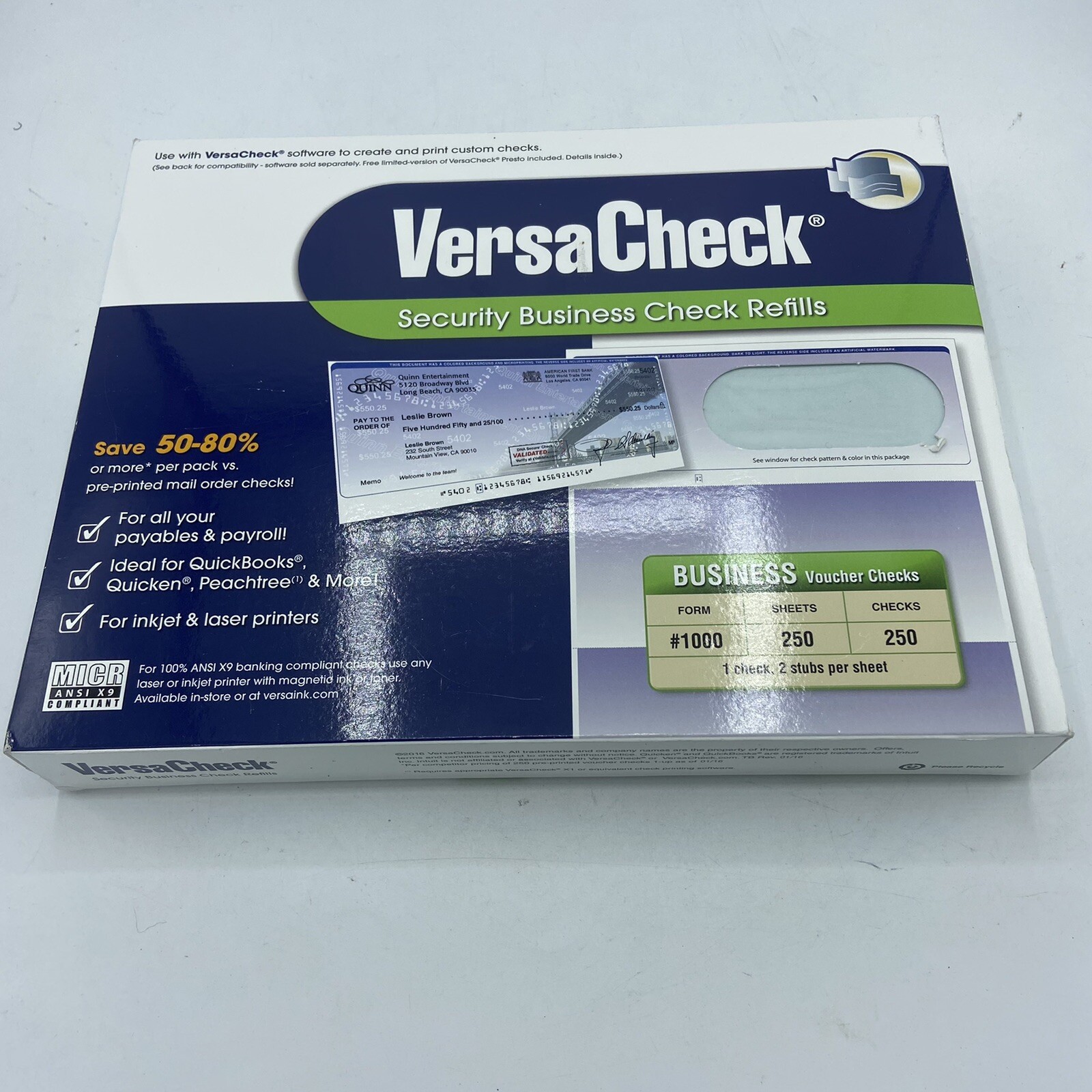 VersaCheck Security Business Check Refills Form #1000 Voucher – Blue – 250 Sheet
