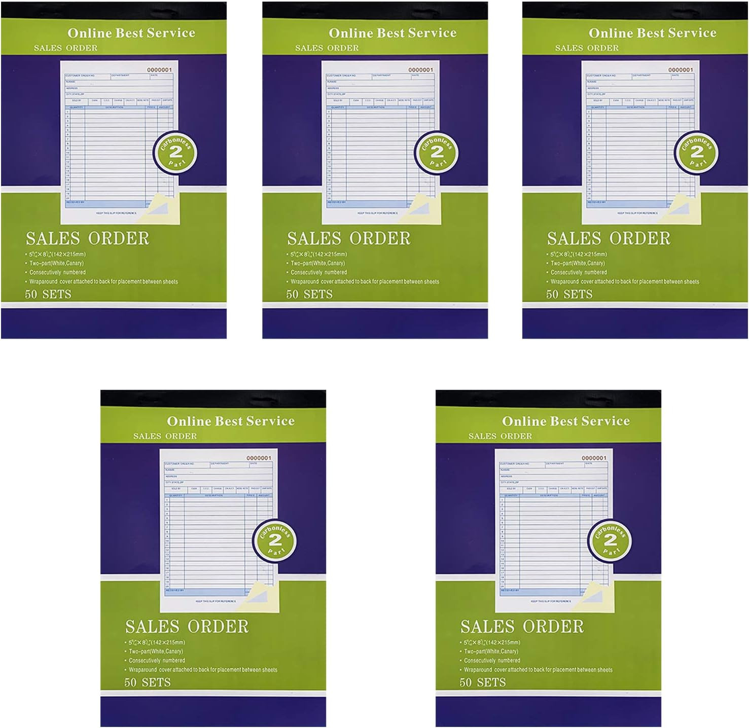5 Pack Large Sales Order Book Receipt Invoice Duplicate Carbonless 50 Sets 5.9/1