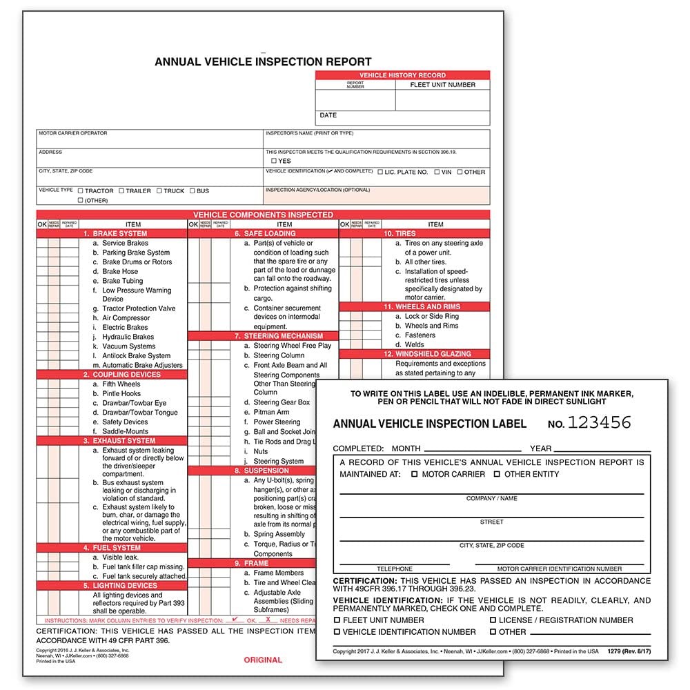 Annual Vehicle Inspection Report (Shrinkwrapped Snap-Out Format, 3-Ply Carbon…