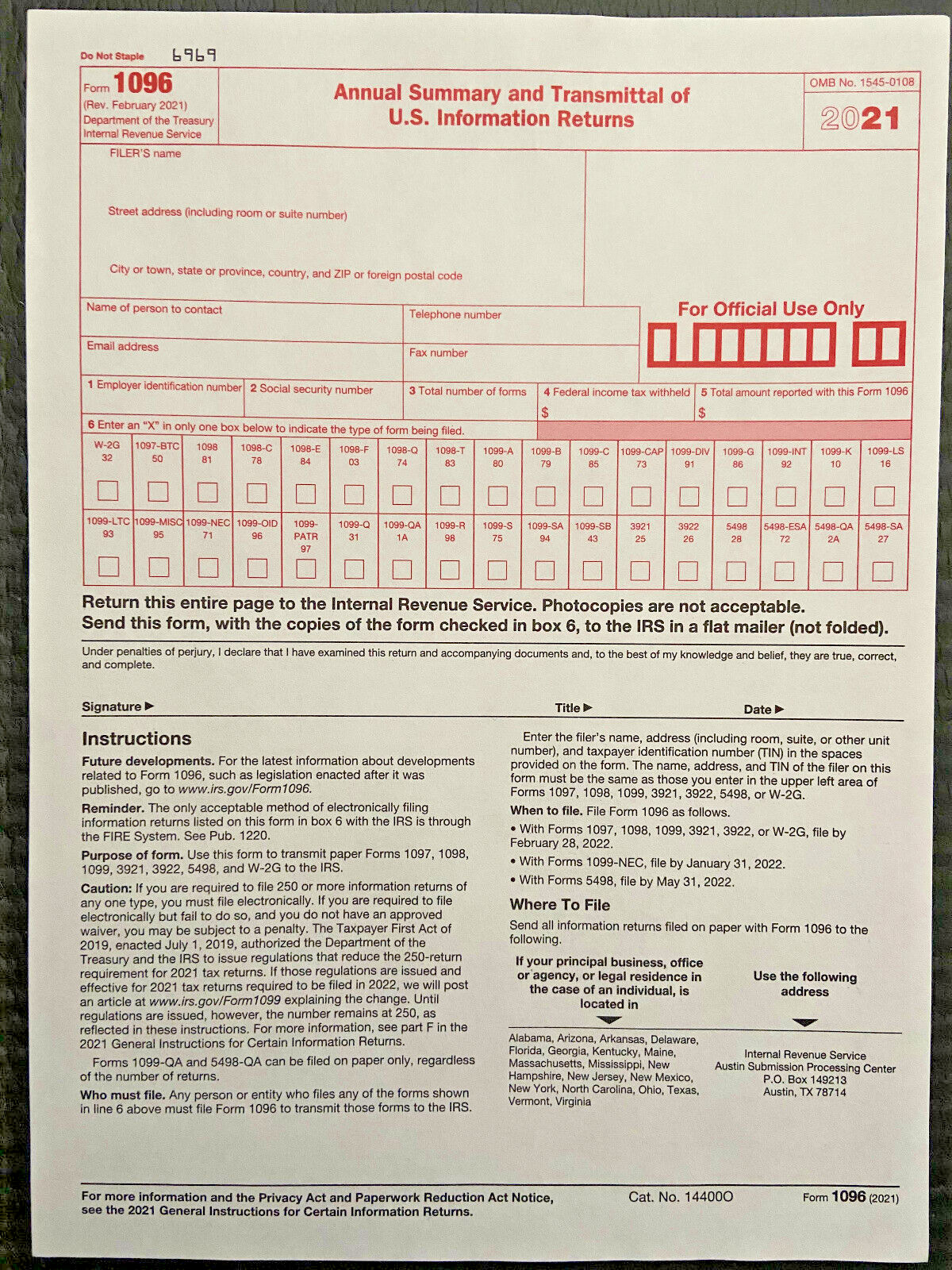 Year 2021 IRS Tax Form (20) 1099-MISC Miscellaneous and (4) 1096 Transmittal