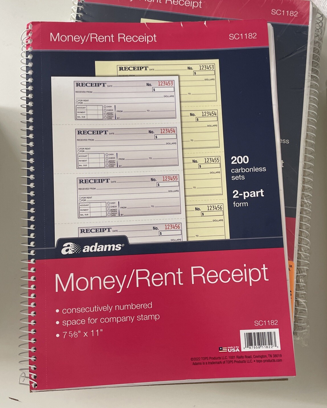 Adams Money Rent Receipt Book, 2 Part Carbonless, 7 5/8″ x 11″ Spiral 200 Sets