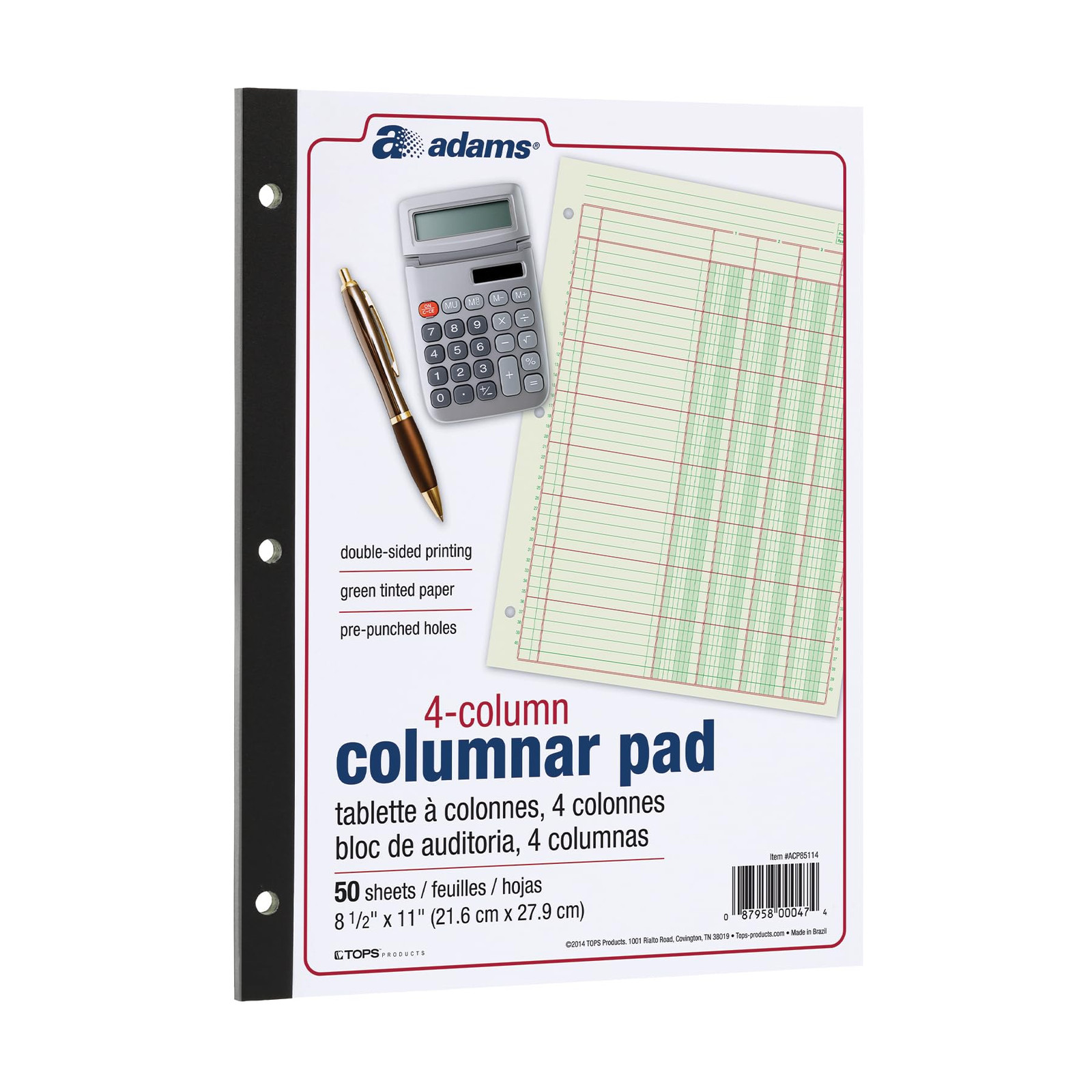 Adams Columnar Analysis Pad Green 4 Column Ledger 50 Double Sided Sheets