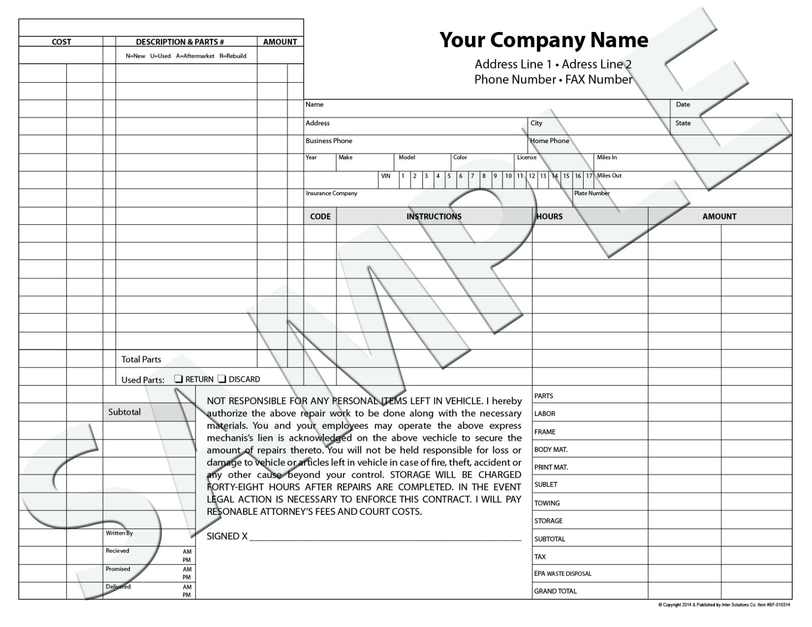 250 Customized Auto Body Repair Invoice Carbonless NCR Forms Sets