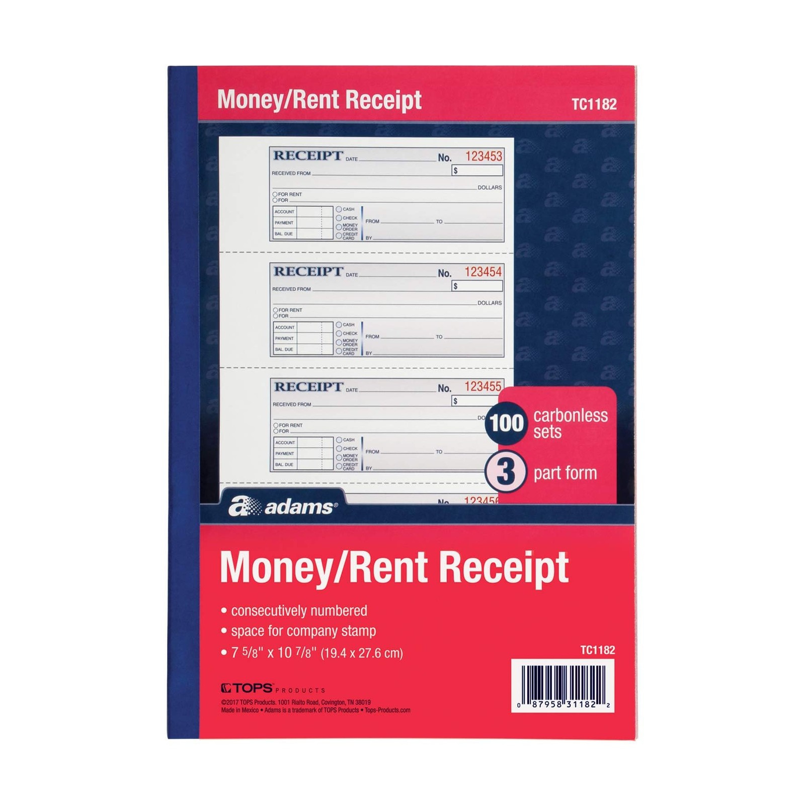Adams Money and Rent Receipt Book, 3-Part, 11″ x 7-5/8″, White/Canary/Pink