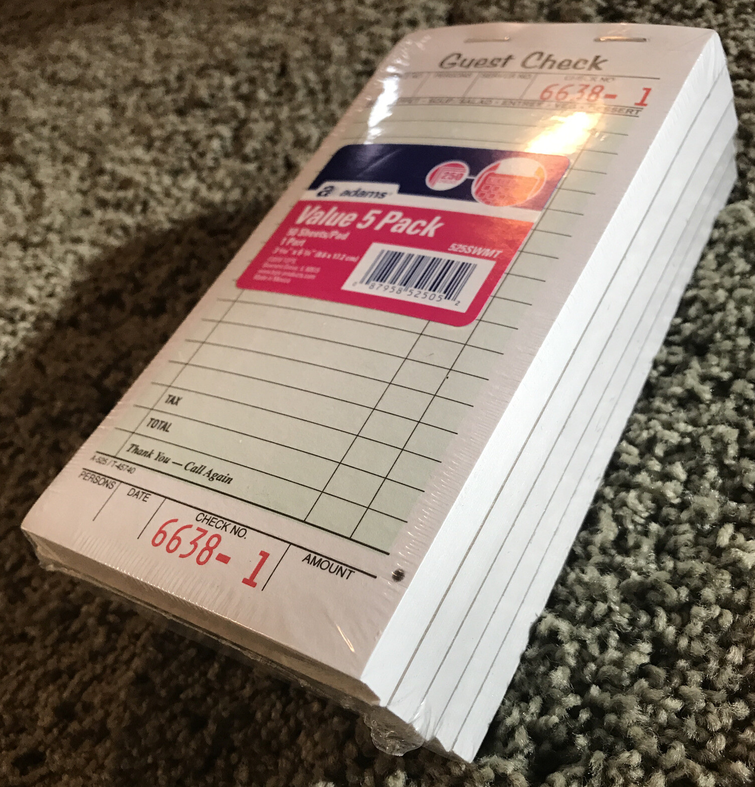 Adams Guest Check Pads, 5 Pack, Perforated, White, 3-2/5″ X 6-3/4″, 525SWMT