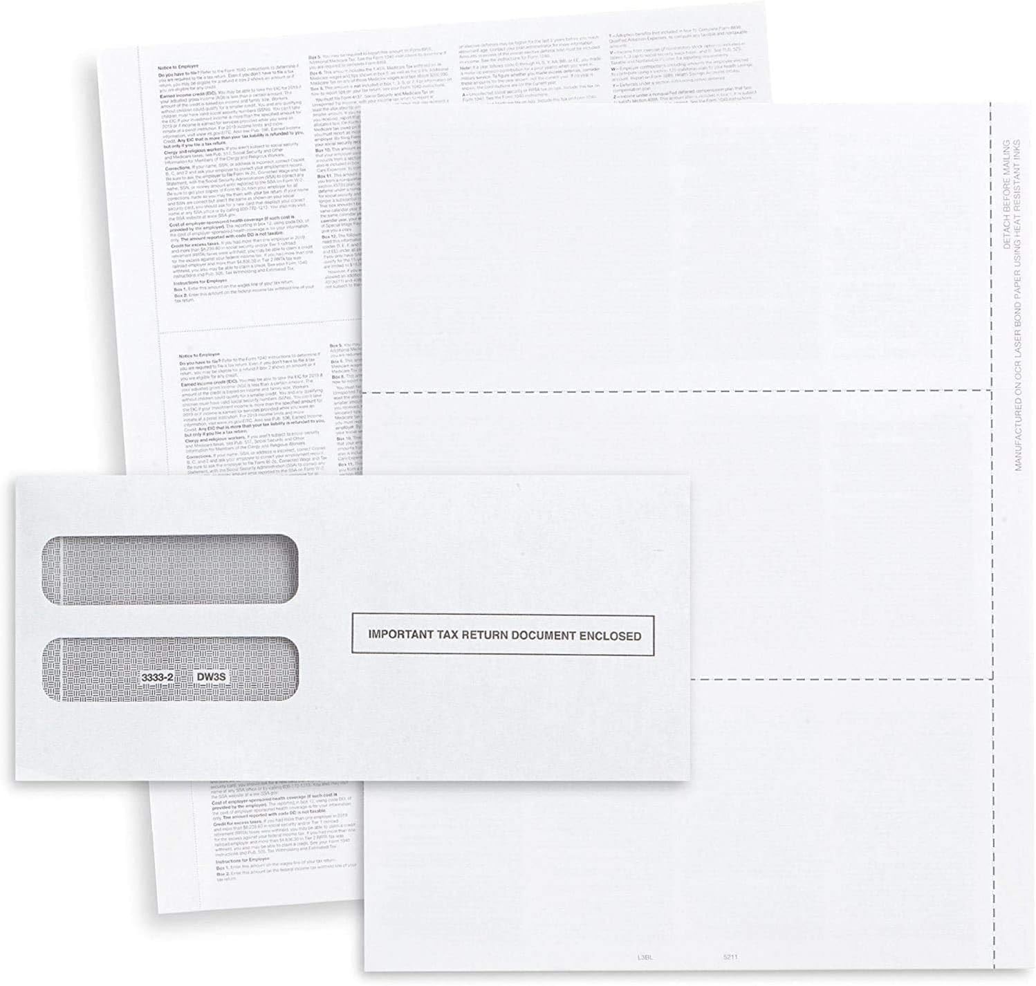 W2 Forms Blank 3 Up Tax Forms 2025 with Envelopes, Perforated Paper With Back