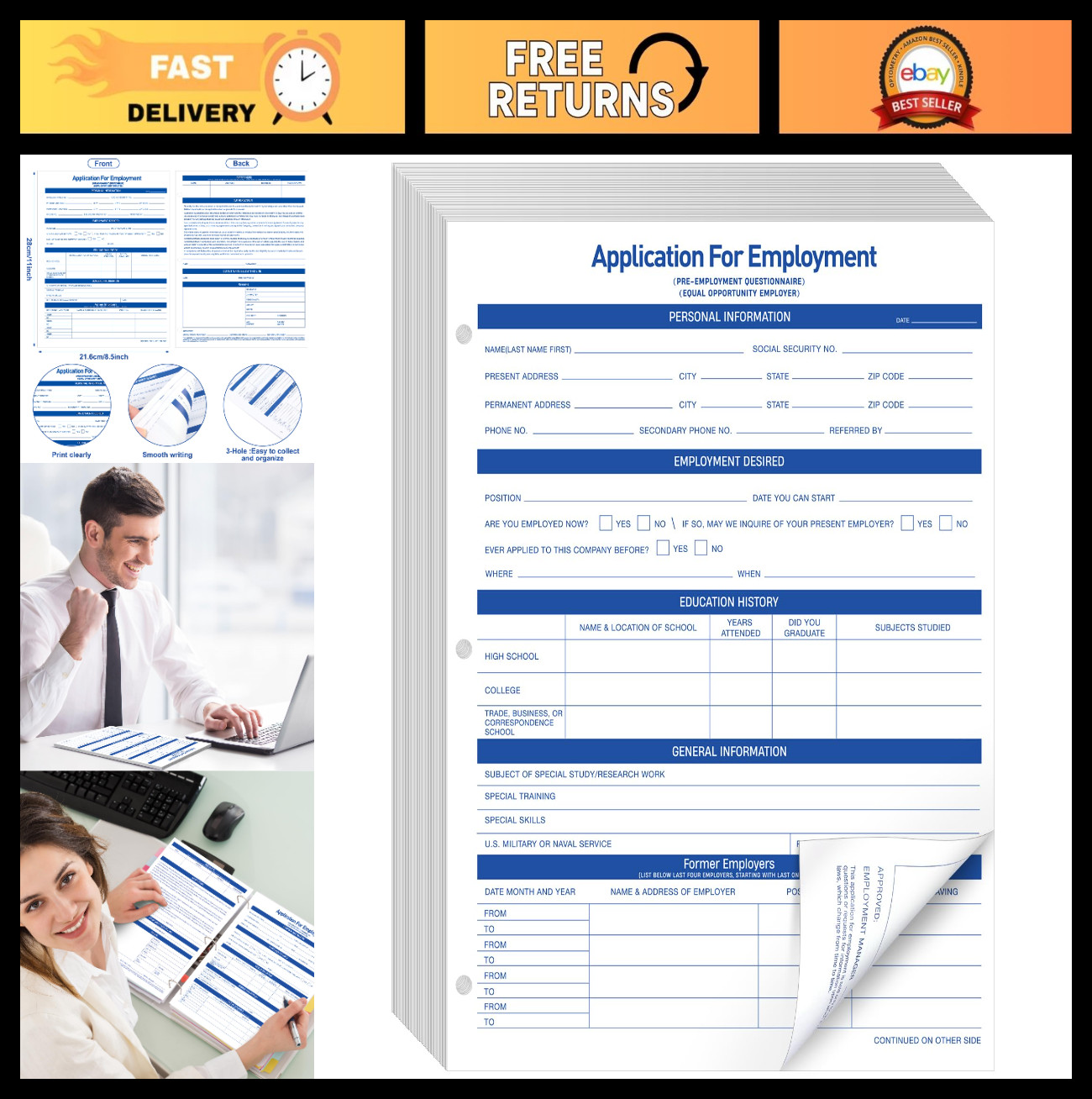 200 Sheets Employment Application Forms – 2-Sided, 8.5×11″, 3-Hole, Personal Det