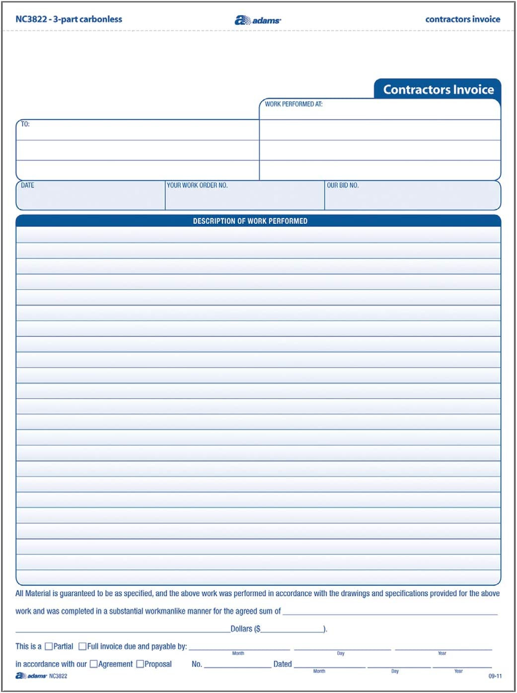 Contractor Invoice Forms, 3-Part, Carbonless, 100-Pack, White, (NC3822)