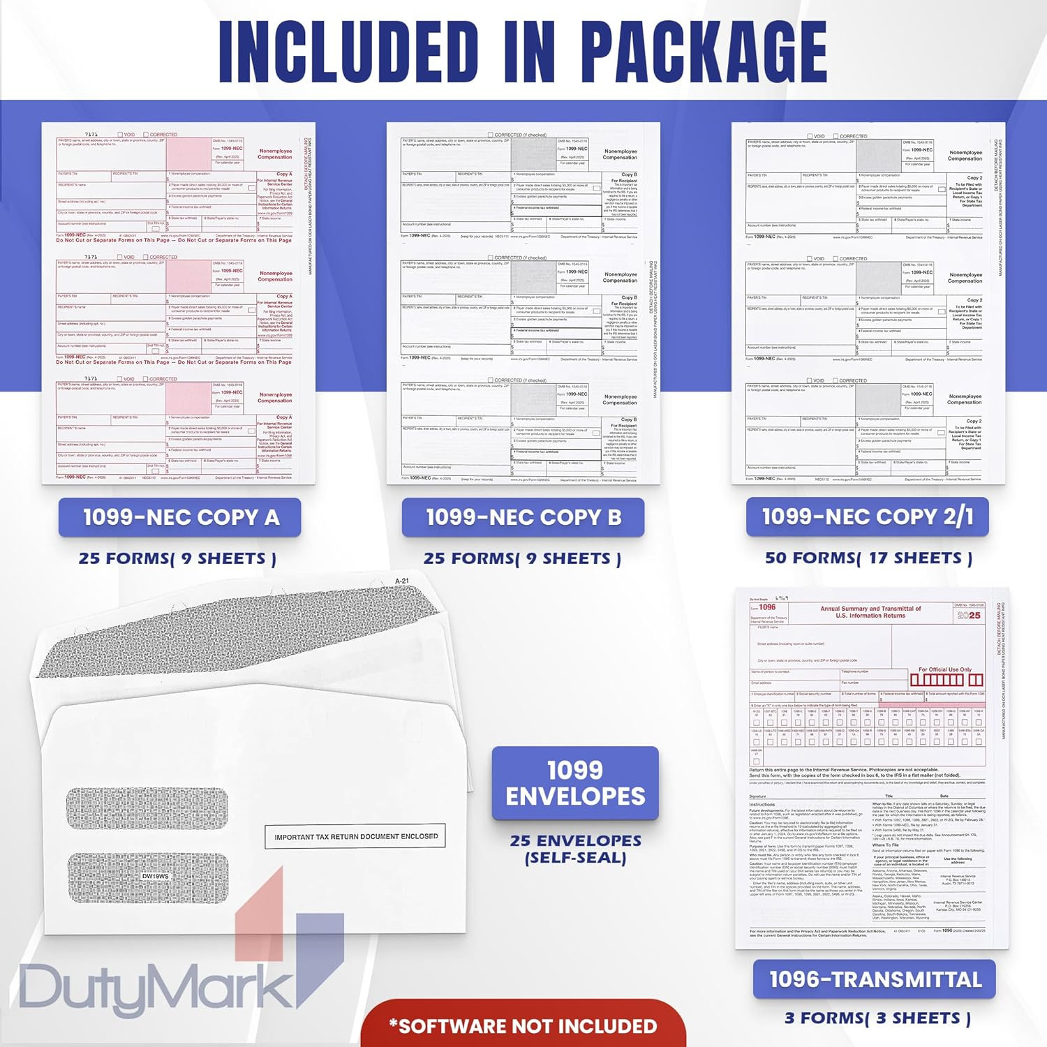 Dutymark 1099 NEC Forms 2025 for 25 Recipients 4 Part Laser Tax Forms Kit, 3 109