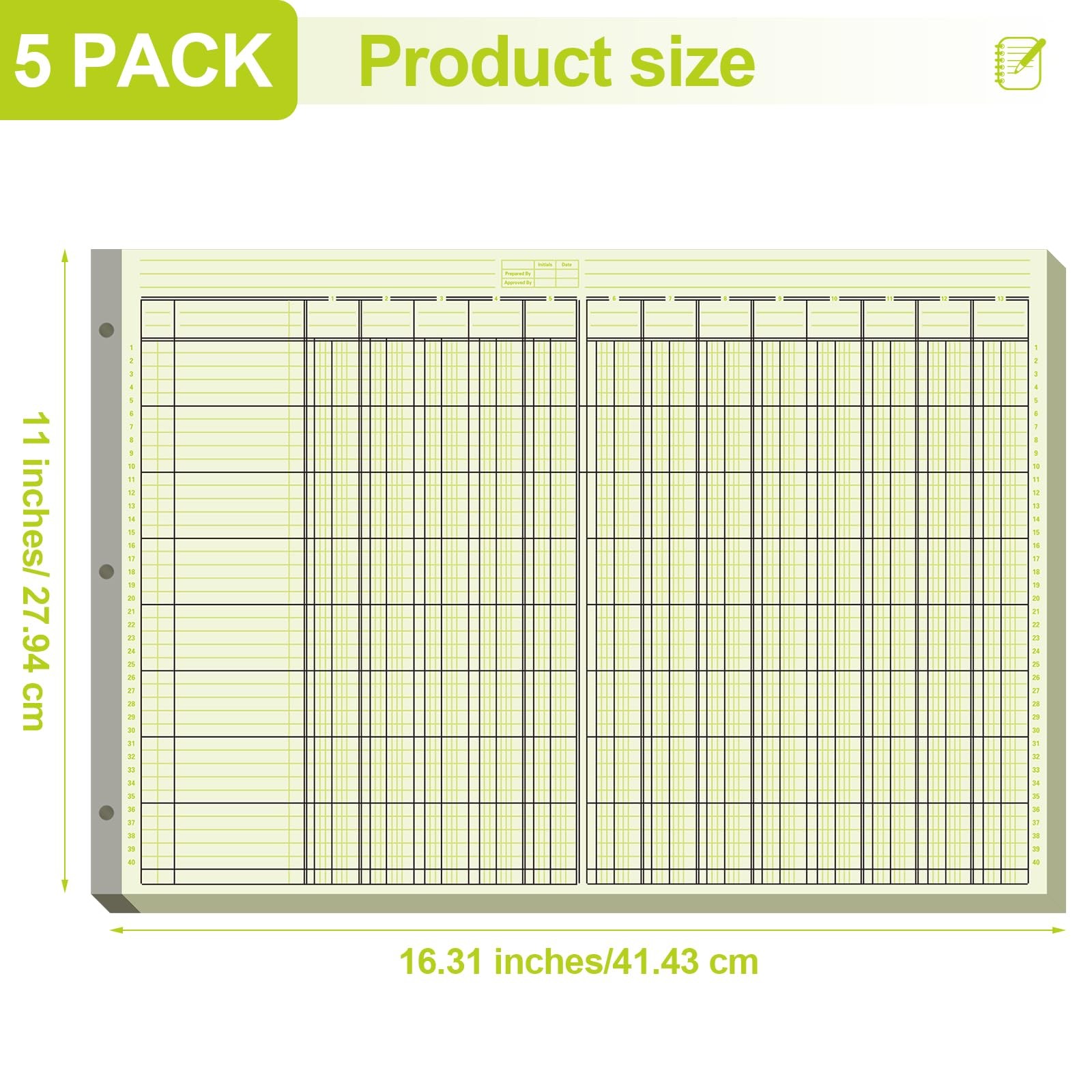 5 Pack Columnar Analysis Pad, 250 Sheets, 13 Columns, 16.31″x11″, 3-Hole Account