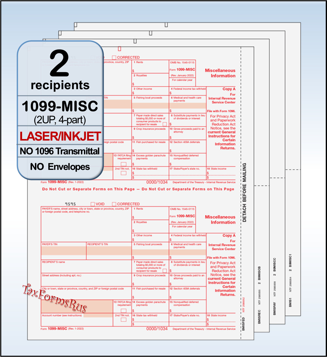 2022 IRS Tax Form 1099-MISC single sheet set LASER 2 recipients 4pt MISCS405