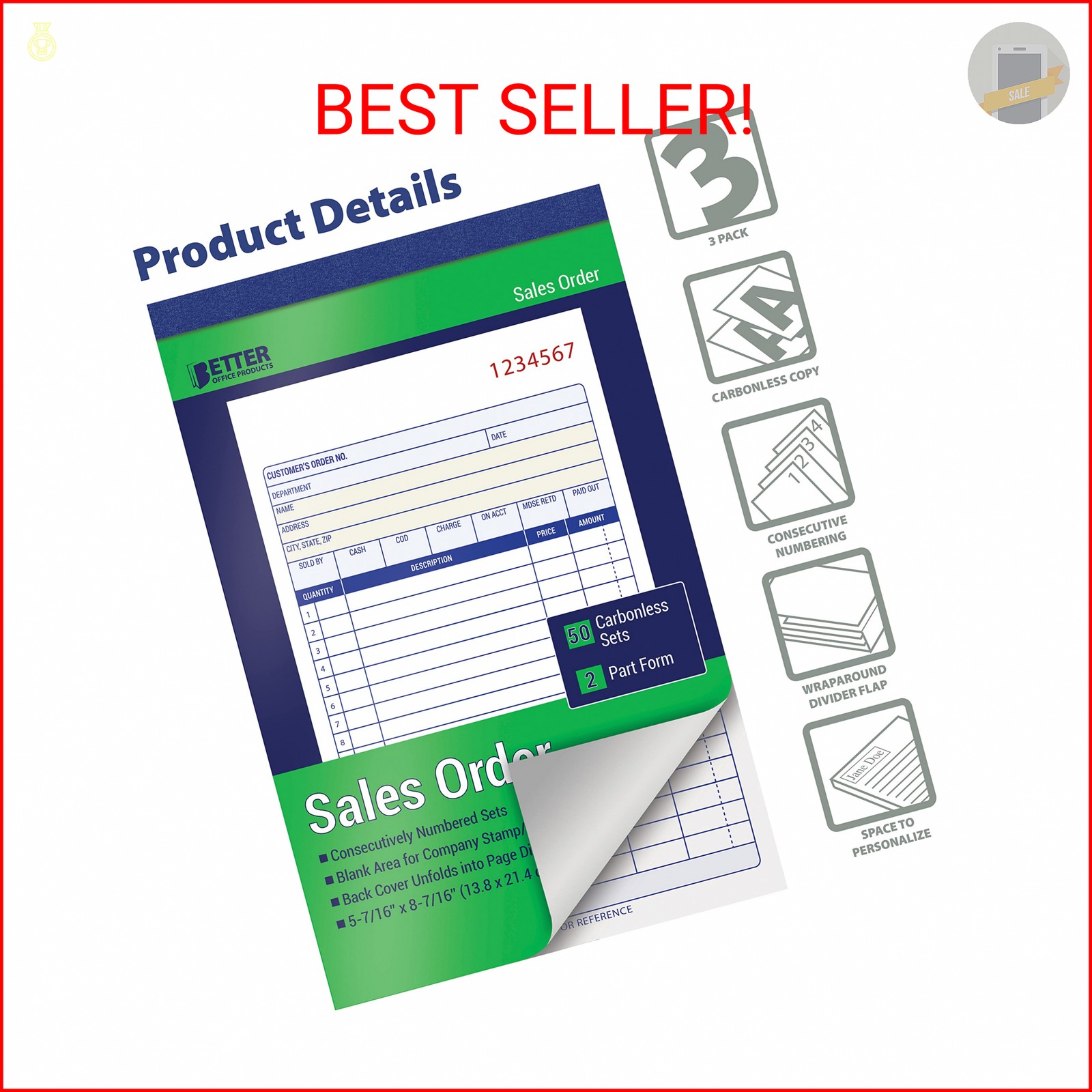 Better Office Products Large Sales Order Books, 3 Pack, 2-Part Carbonless (White