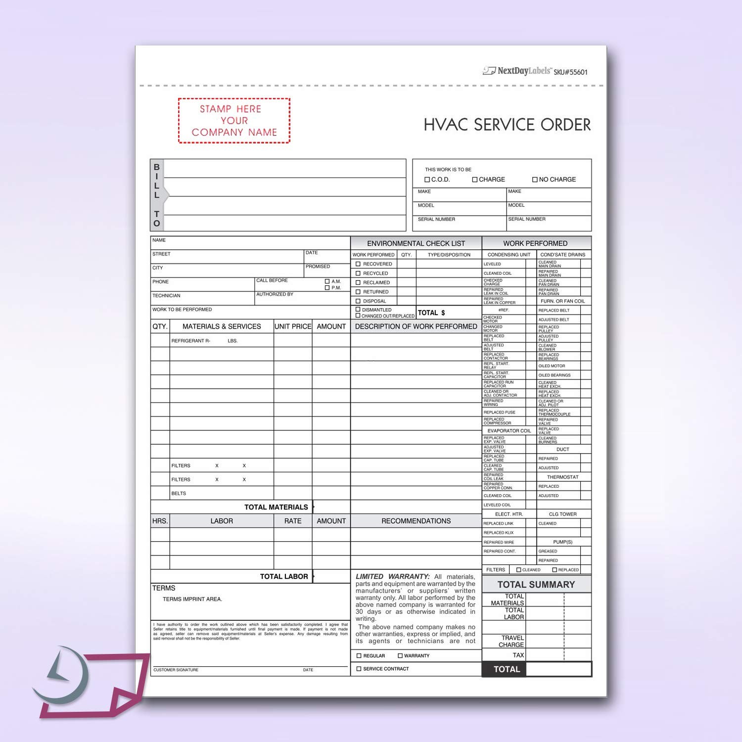 NextDayLabels – HVAC Service Order Invoice & Repair Detail Form, 3 Part Carbonle