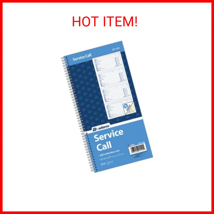 Adams Service Call Book, 5.25 x 11 Inch, Spiral Binding, 2-Part, Carbonless, 4 M