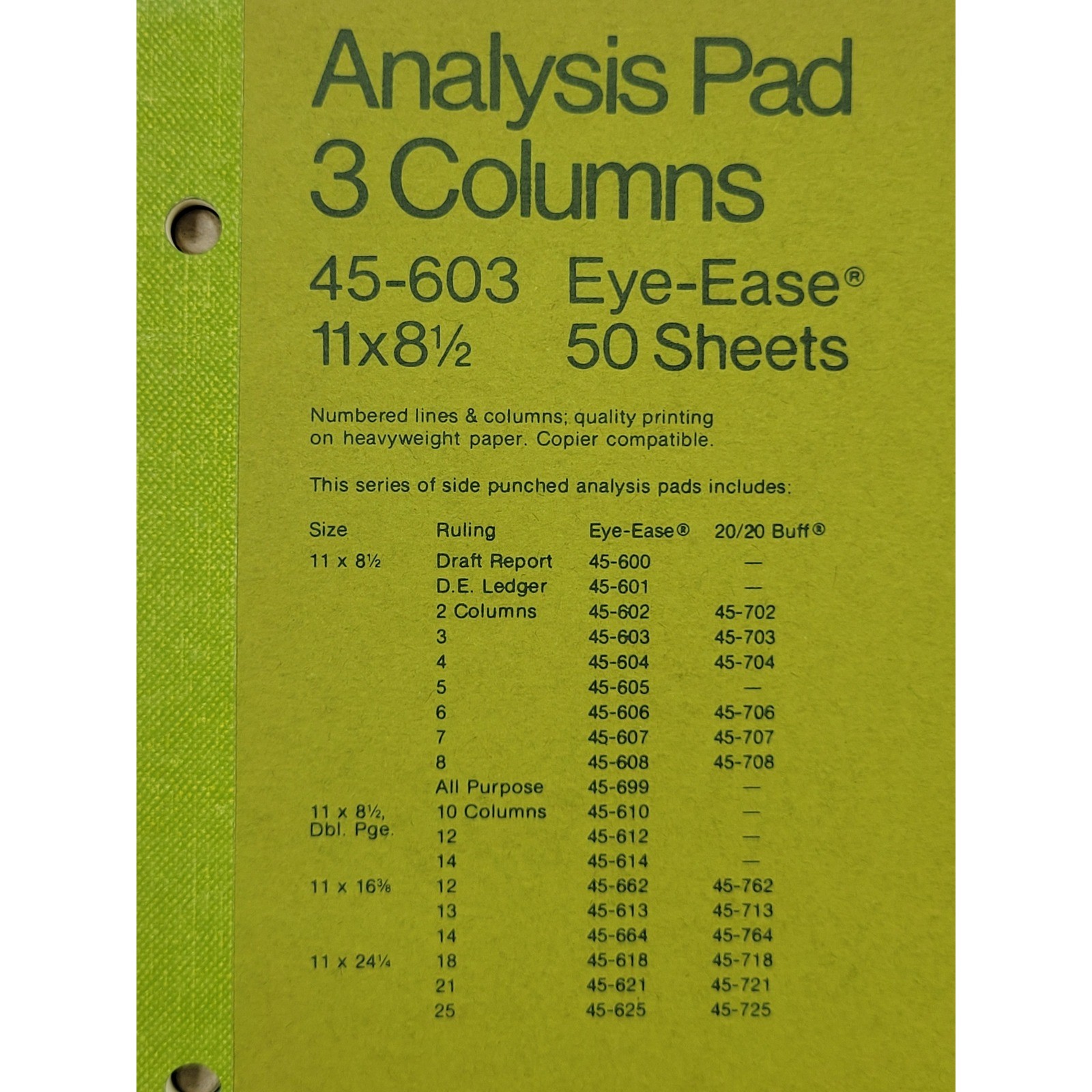 National 45-603 Eye-Ease Analysis Pad 3 Columns 11×8.5 50 Sheet Green Made in US