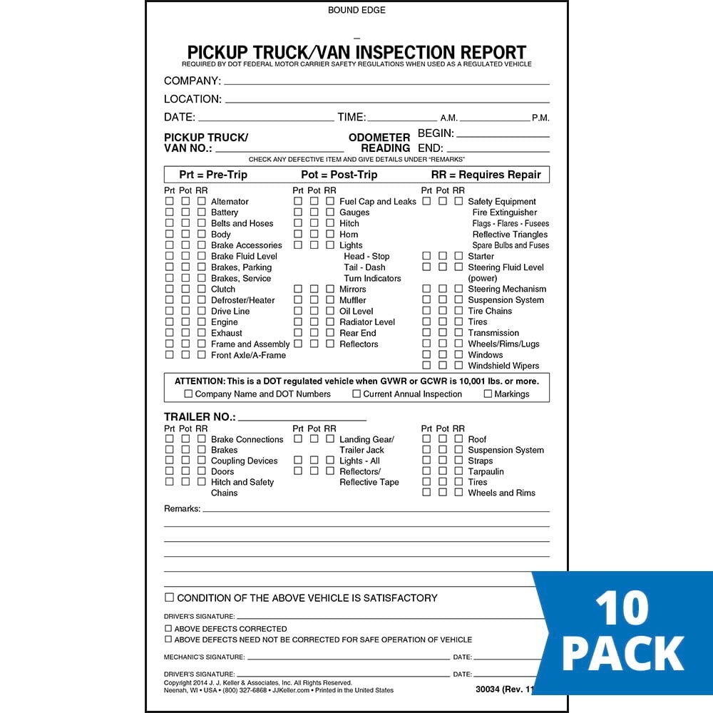 J. J. Keller Truck/Van Vehicle Inspection Report Book 10-pk., 2-Ply Carbonless,