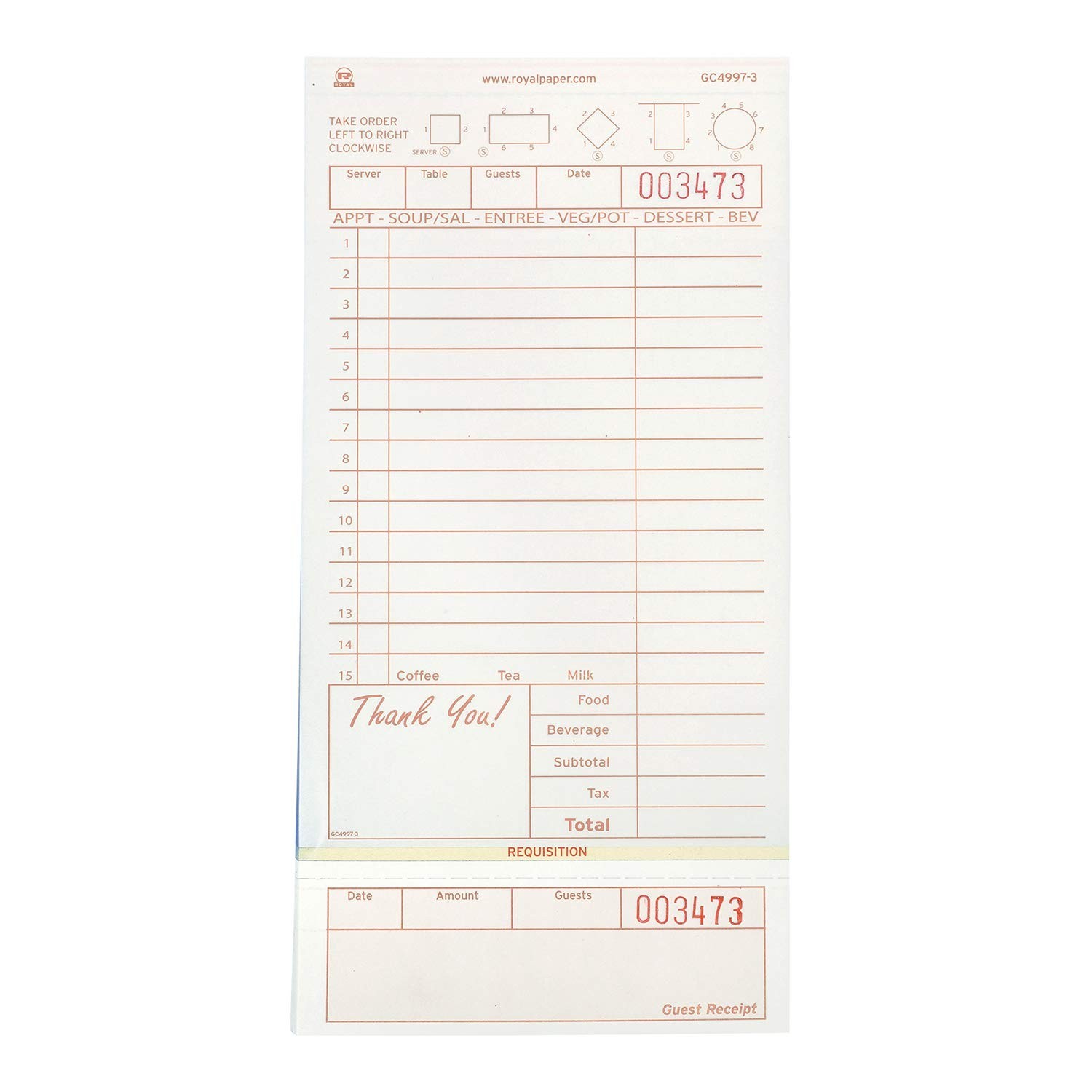 Guest Check Loose-Pack Refill – 15 Lines, Carbonless, 4.2″x8.5″, 200 Forms/Pad