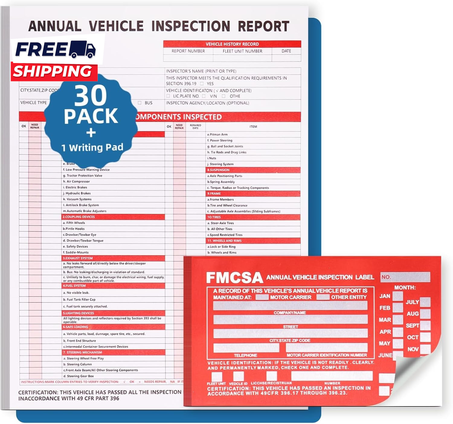 Annual Vehicle Inspection Report Form 3 Ply Carbonless Form and Hardboard
