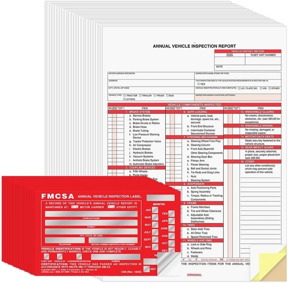 J. J. Keller 25-Pack, Annual Vehicle Inspection Report Form & Red FMCSA Label…