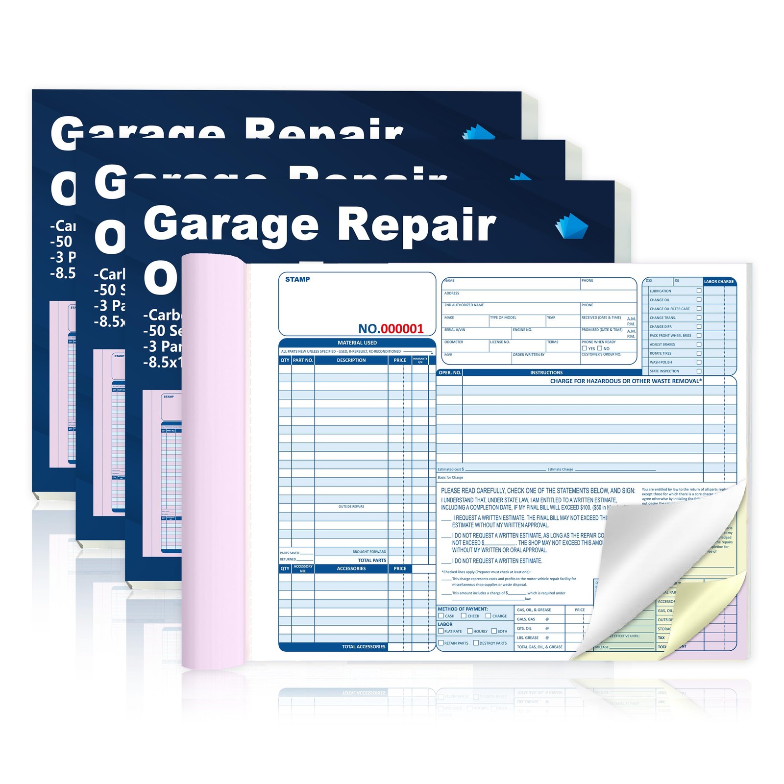 200 Sets 3 Part Auto Repair Order Forms 8.5×11 Inch Carbonless Duplicate Receipt