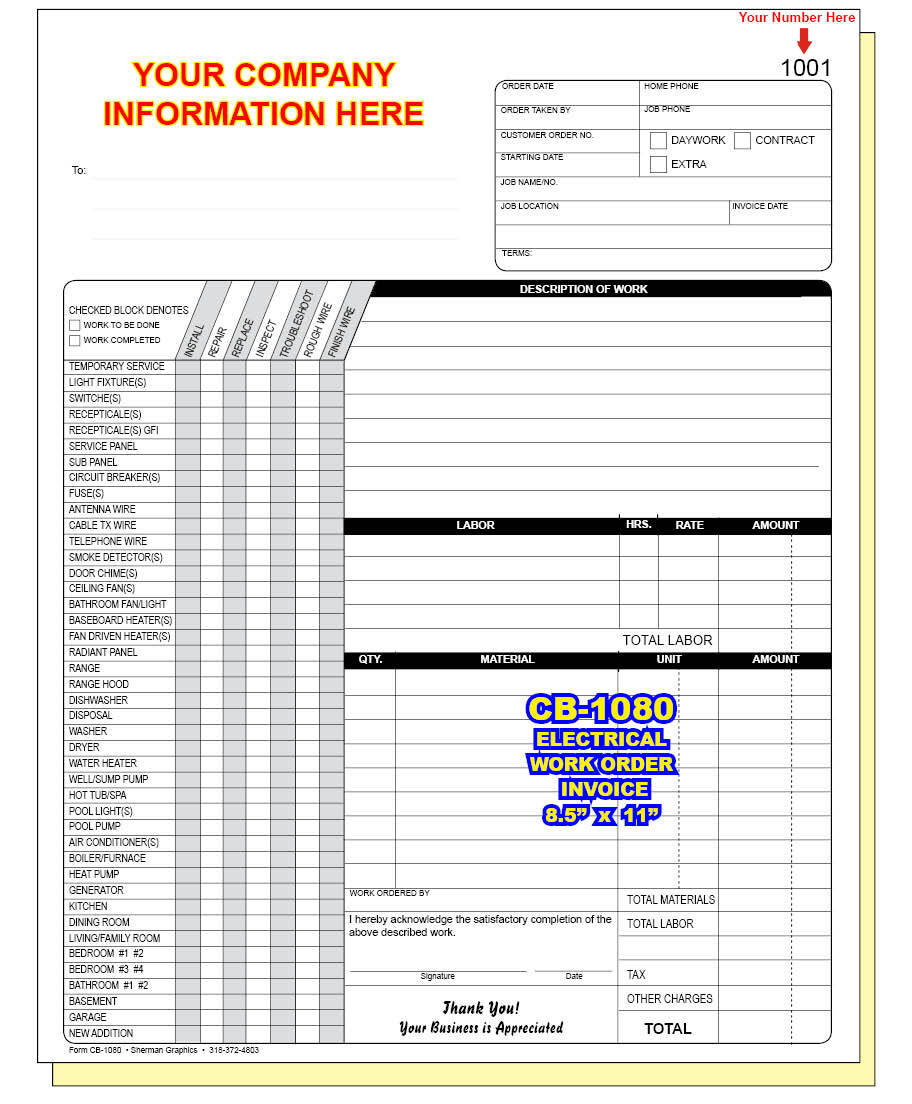 ELECTRICAL WORK ORDER INVOICE Custom Printed 2 or 3 Part Carbonless