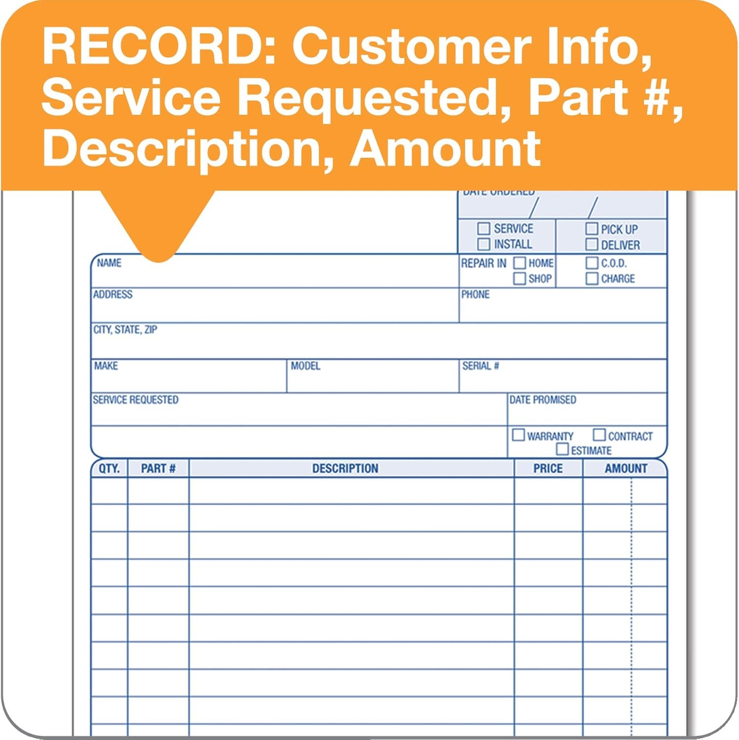 Adams Service Order Form, 3 Part, Carbonless, 5 2/3″X9″ Inches, 250 Sets per Pac