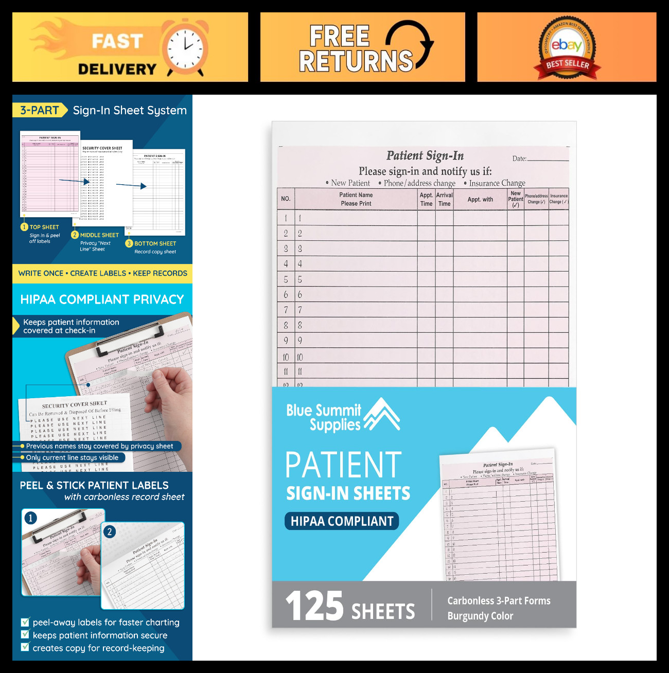 125 Patient Sign-In Sheets, Carbonless 3-Part Forms, HIPAA Compliant, Burgundy,