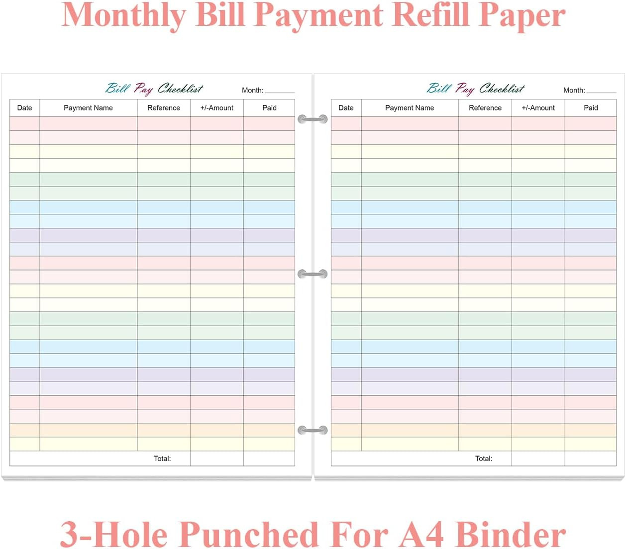 A4 Bill Payment Checklist Refills Paper – 3-Hole Punched Loose Leaf Budget Plann