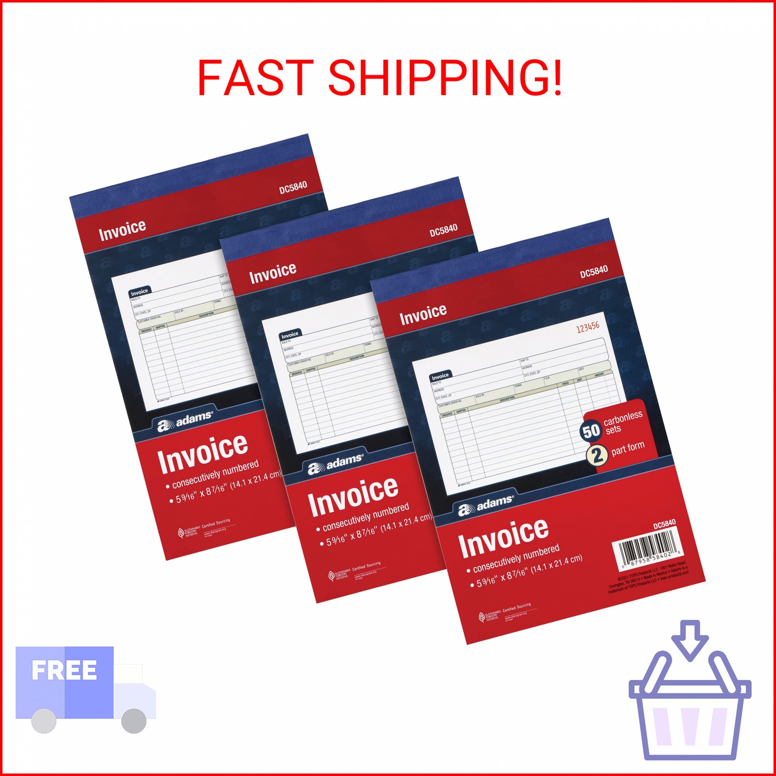 Adams Invoice Book 3 Pack, 2 Part Carbonless Invoices, Horizontal Sales Slip, 5-