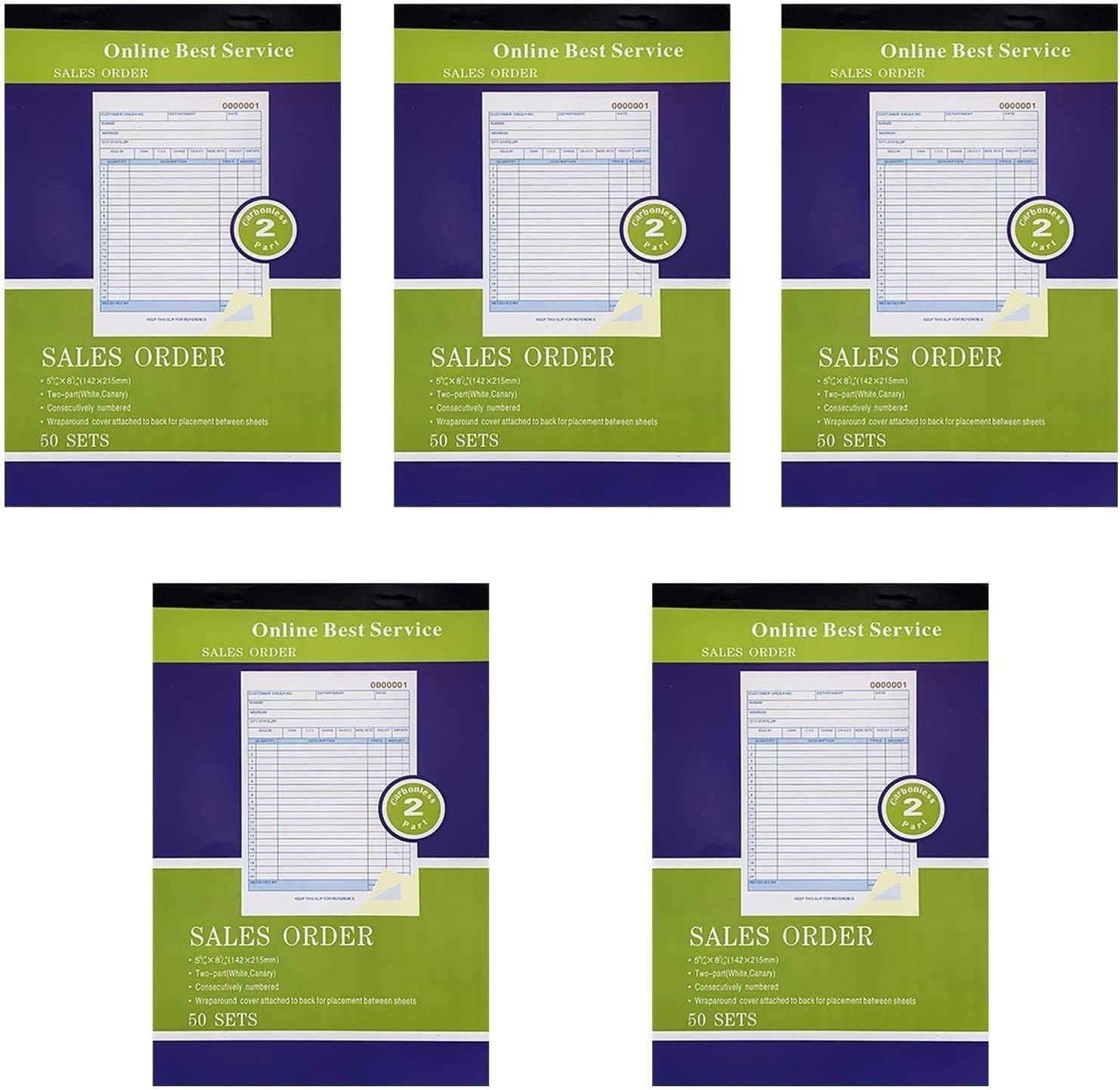 5 Pack Large Sales Order Book Receipt Invoice Duplicate Carbonless Copy 50 Sets
