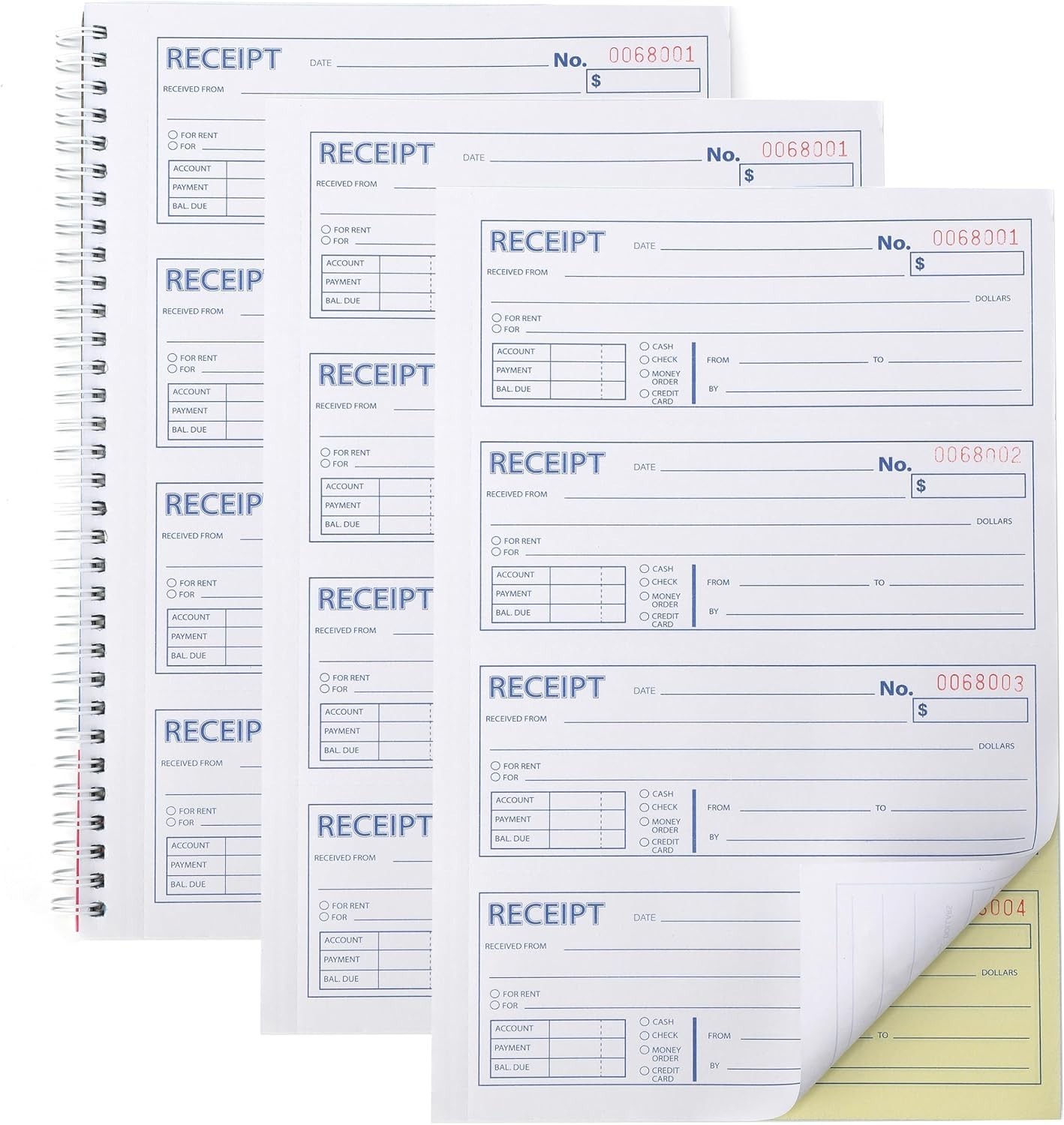 3-Pack Carbonless Rent & Money Receipt Books with Spiral Binding for Easy Use