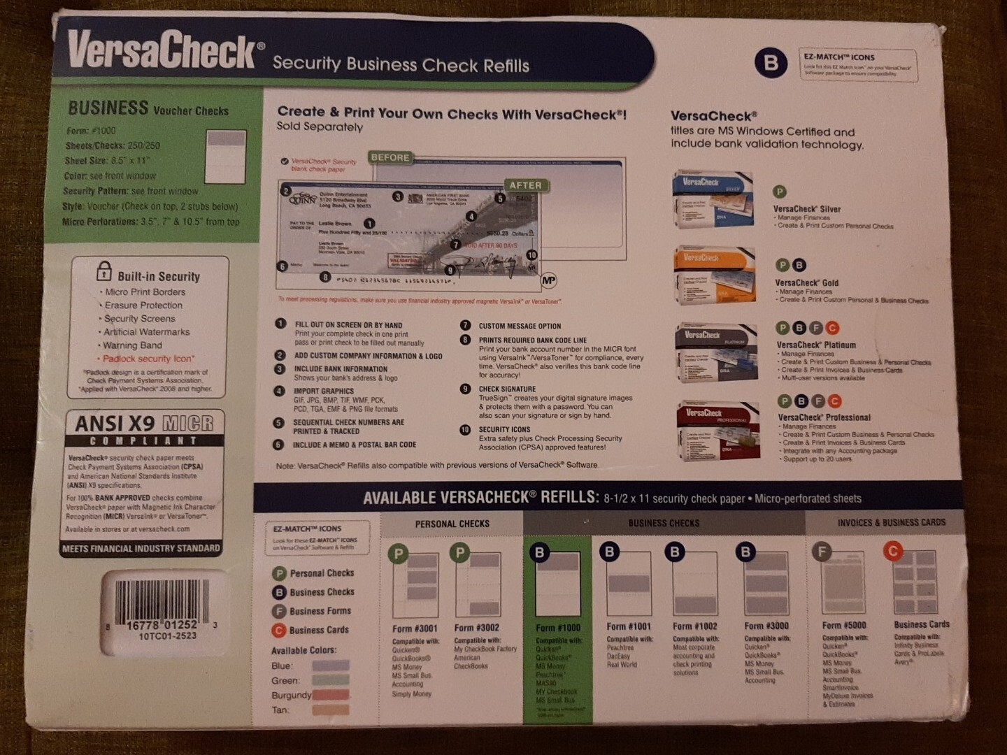 Form #1000 Business Voucher Security Blank Checks Refills Paper 250 Sheets Blue