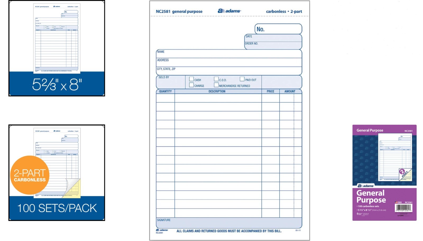 2-Part Carbonless Business Form Sets 5.67×8.5 White/Canary 100 Sets USA Made