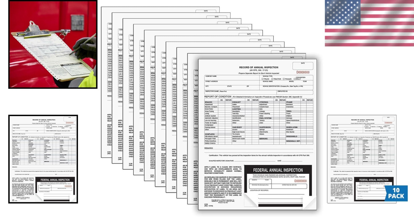 10-Pack DOT Compliant Annual Inspection Forms with Fade-Resistant Decals
