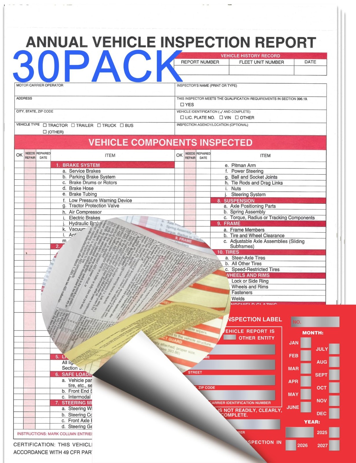 30-Pack Vehicle Condition Report Forms, 3-Ply Carbonless, Aluminum Date Labels f