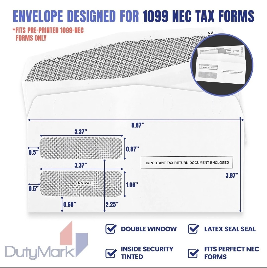 100 Printed 1099 NEC Tax Forms Self-Seal Envelopes, IRS compliance, paper white