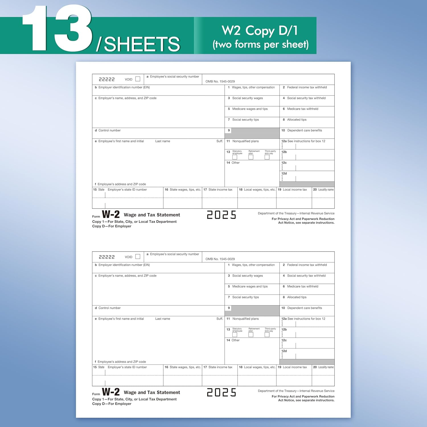 2025 W2 Tax Forms Kit with Envelopes – 25 Employee Set with W3 Forms