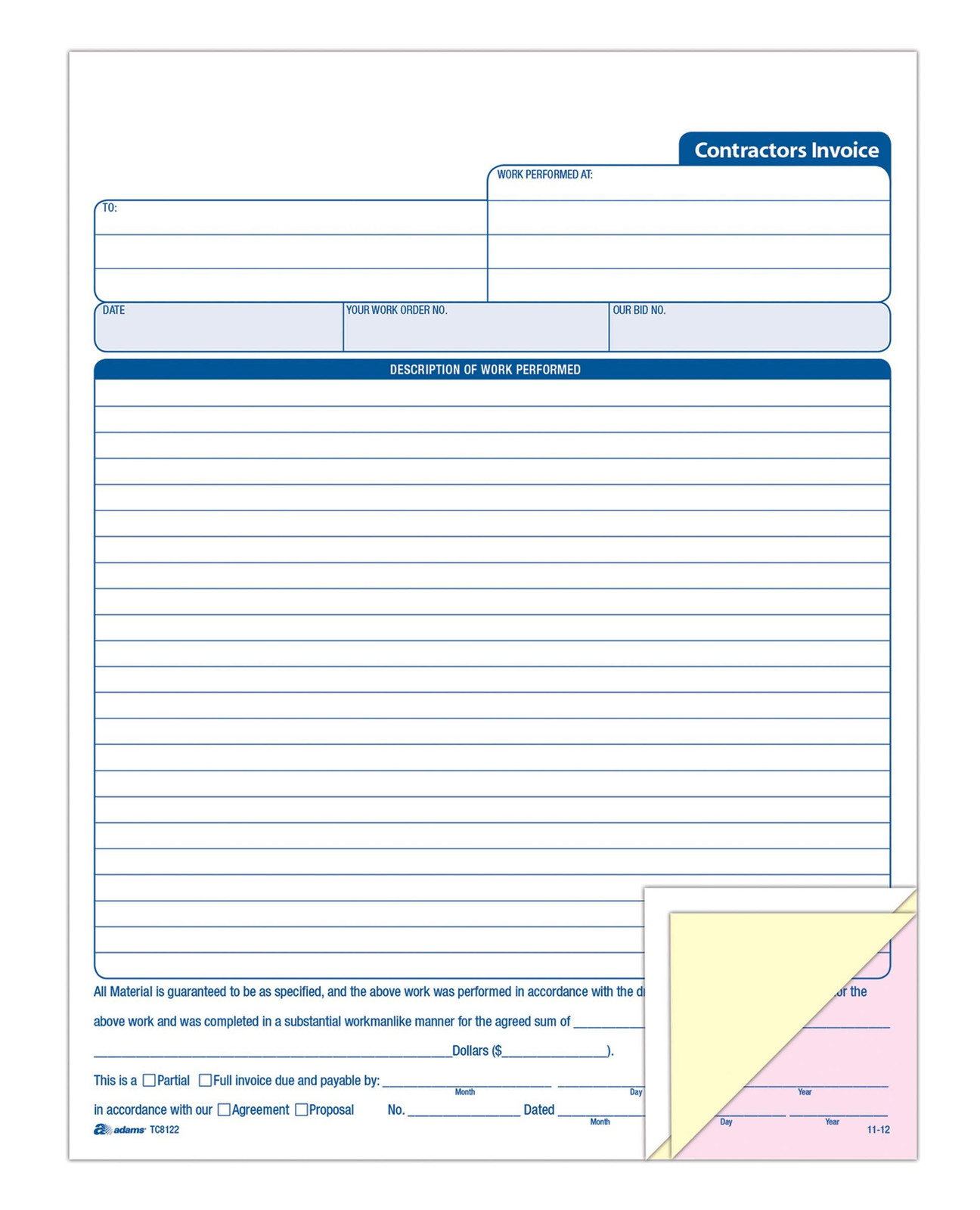 Adams Contractor’s Invoice Book, 3-Part, 50 Sets 1-Pack, White/Canary/Pink