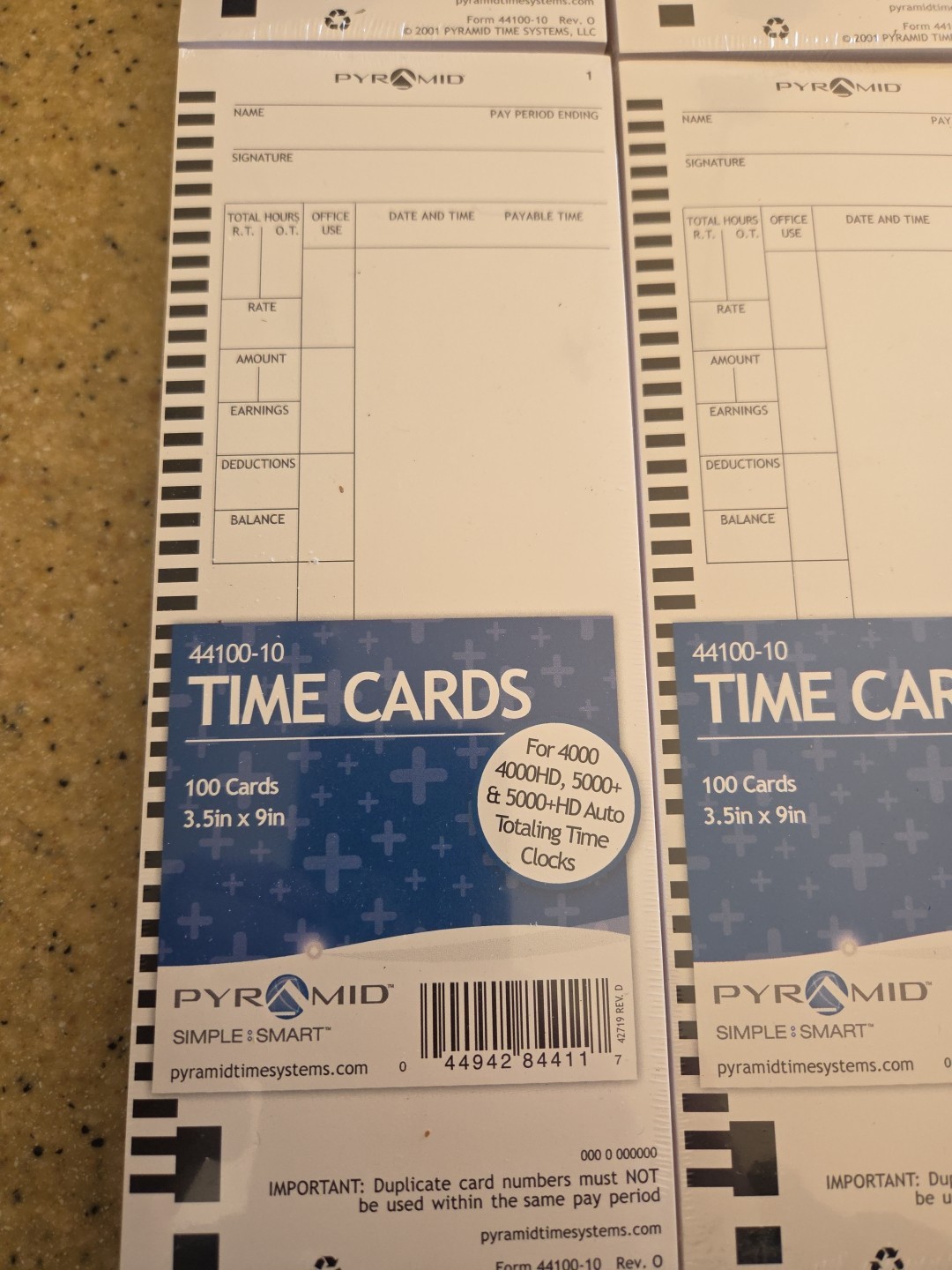 Pyramid Time Cards for 4000, 4000HD, 5000+ & 5000+HD Time Clocks Lot Of 4 100pk