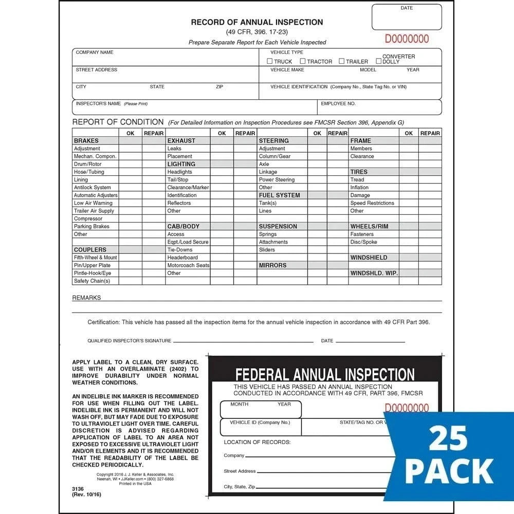 25-Pack DOT Annual Inspection Form & Label, 2-Ply Carbonless, Compliant