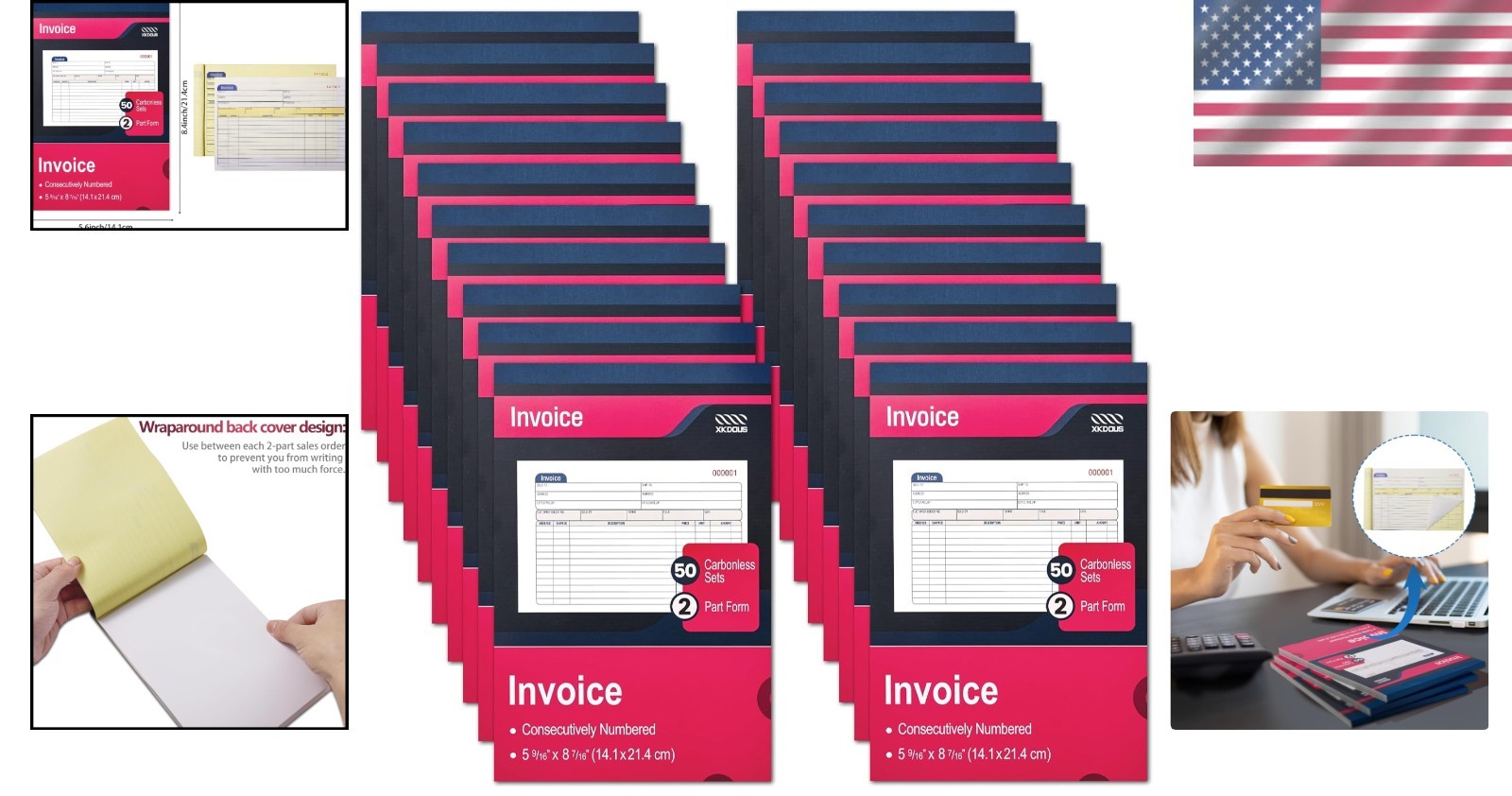 20-Pack Carbonless Invoice Books: 2-Part, 5-9/16″ x 8-7/16″ for Small Businesses