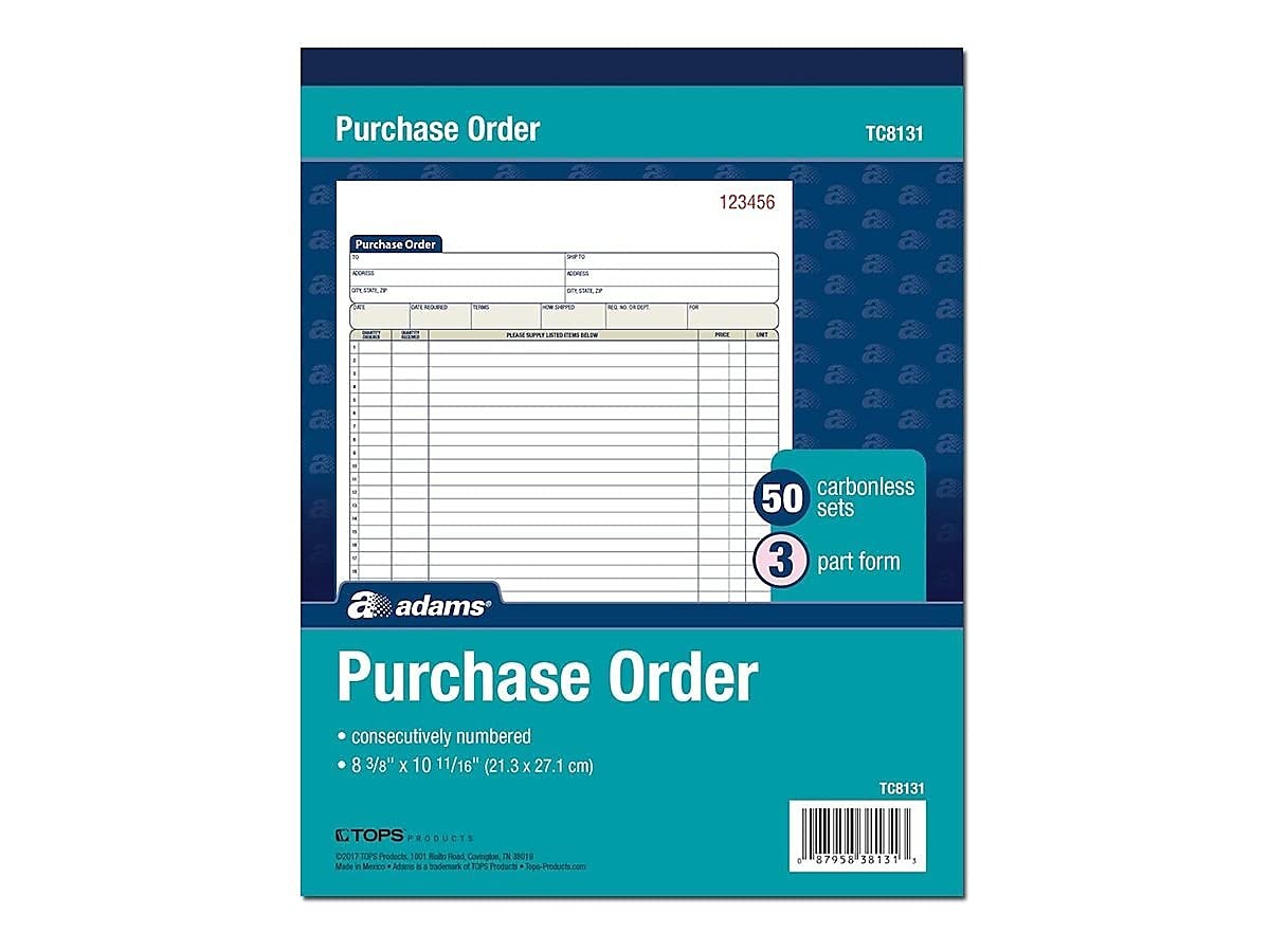 Adams Purchase Order Book Carbonless 3 Part 50 Sets White Canary Pink