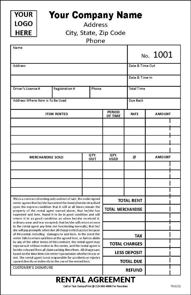 Rental Agreement Form in Black & White / 5.5 x 8.5 / 2 or 3 Part / TMG152