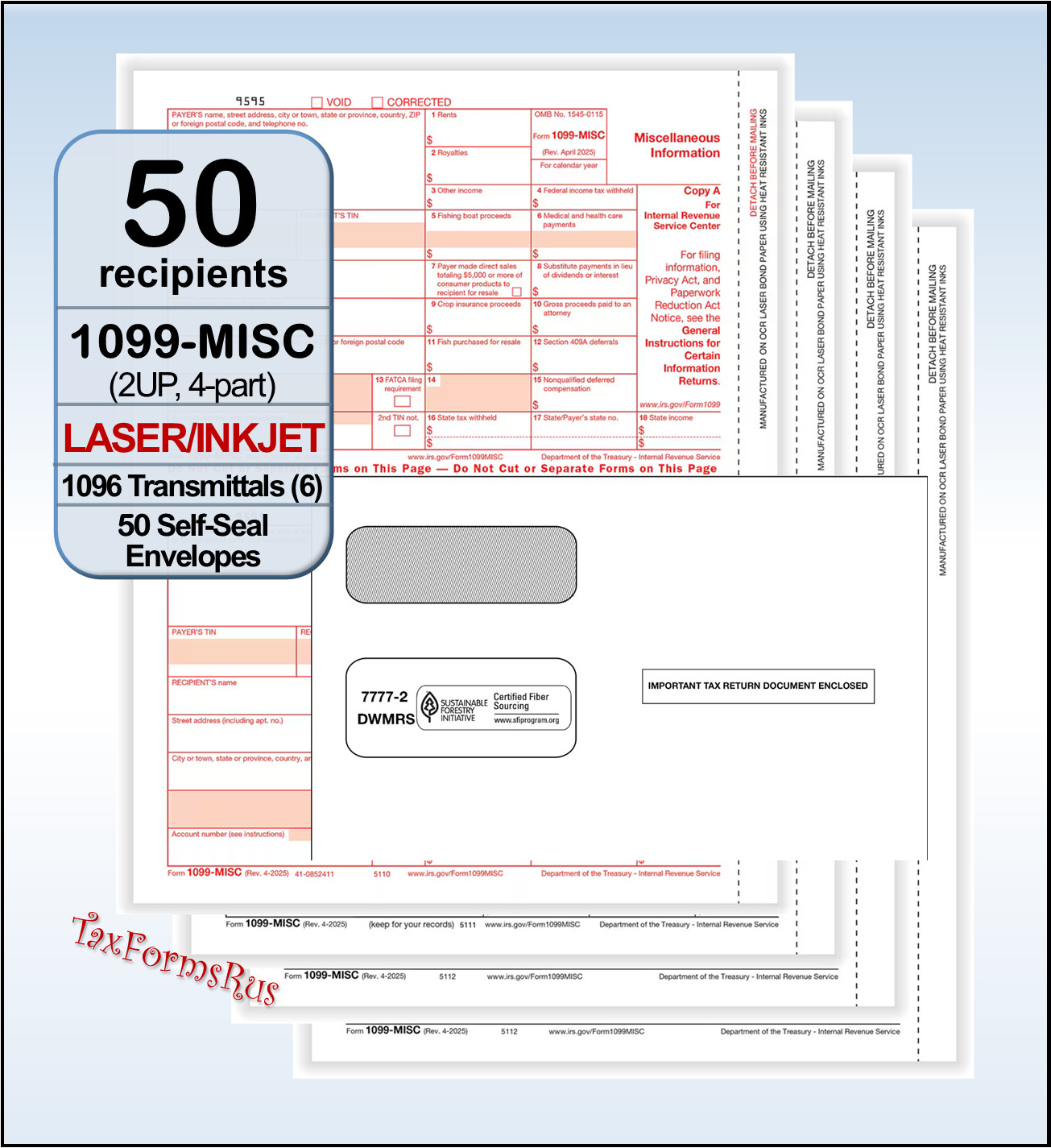 2025 IRS TAX FORMS KIT: 1099-MISC for 50 recipients + envelopes + (6) 1096 LASER