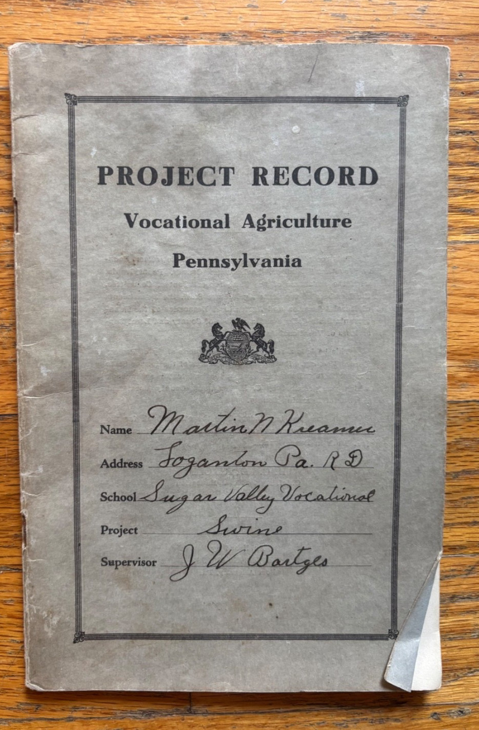 Vintage 1940s PA Vocational Agriculture Project Record Booklet Sugar Valley