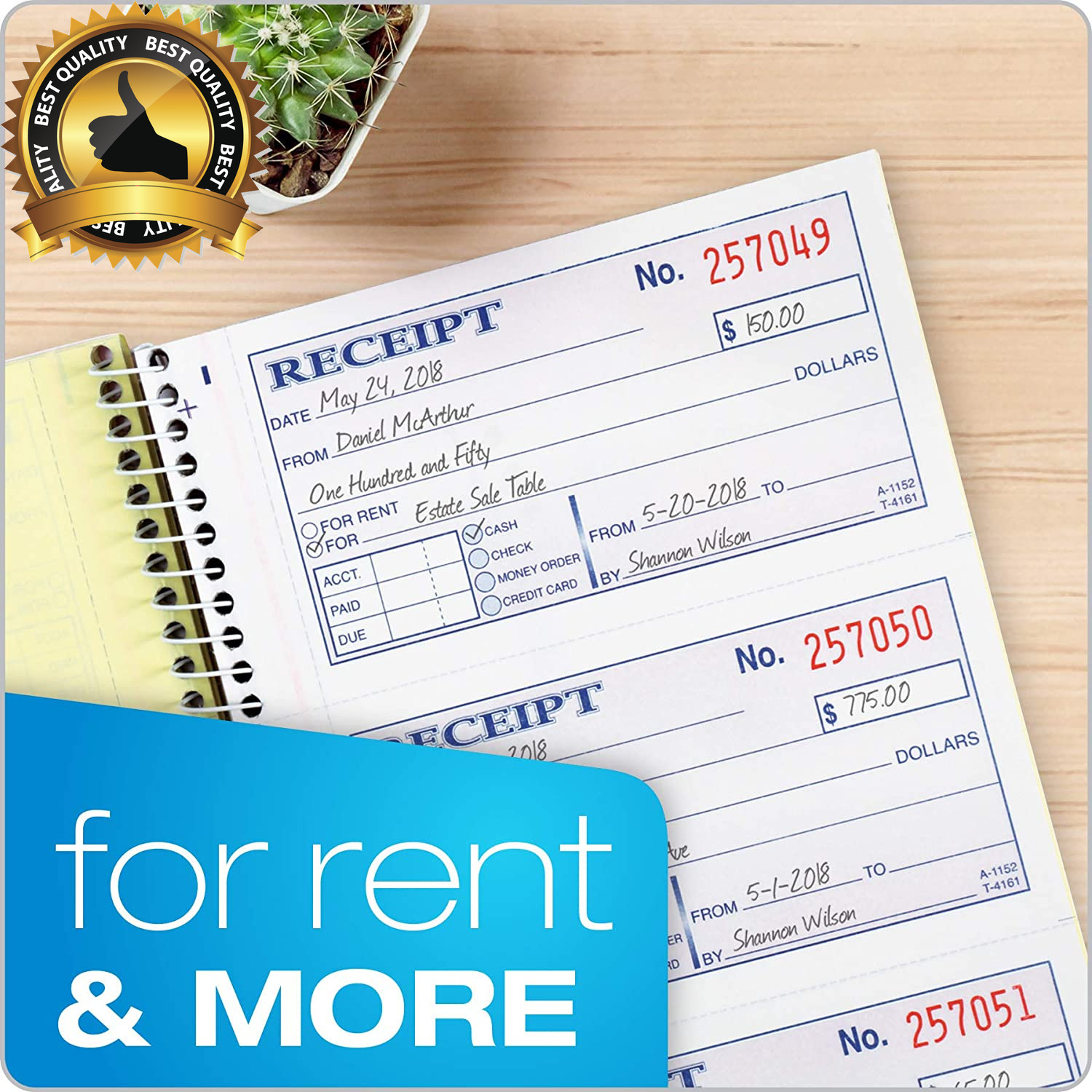 Money and Rent Receipt Book, 2-Part Carbonless, 5-1/4″ X 11″, Spiral Bound, 200