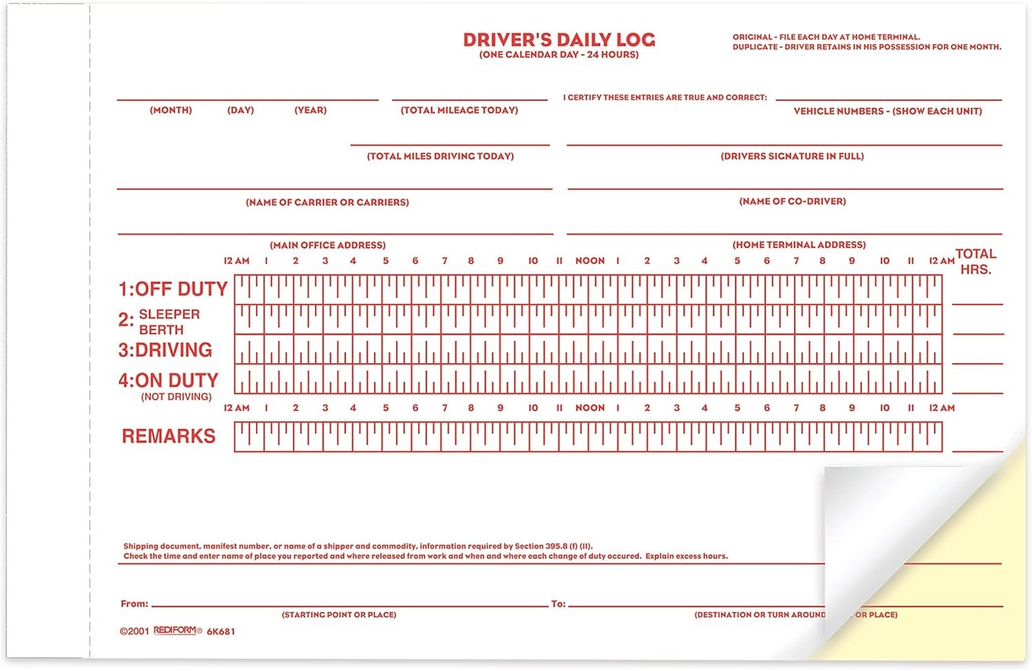 Driver’s Daily Log Book, Carbon, 2 Part, 5.5 x 7.875 Inches, 31 Forms