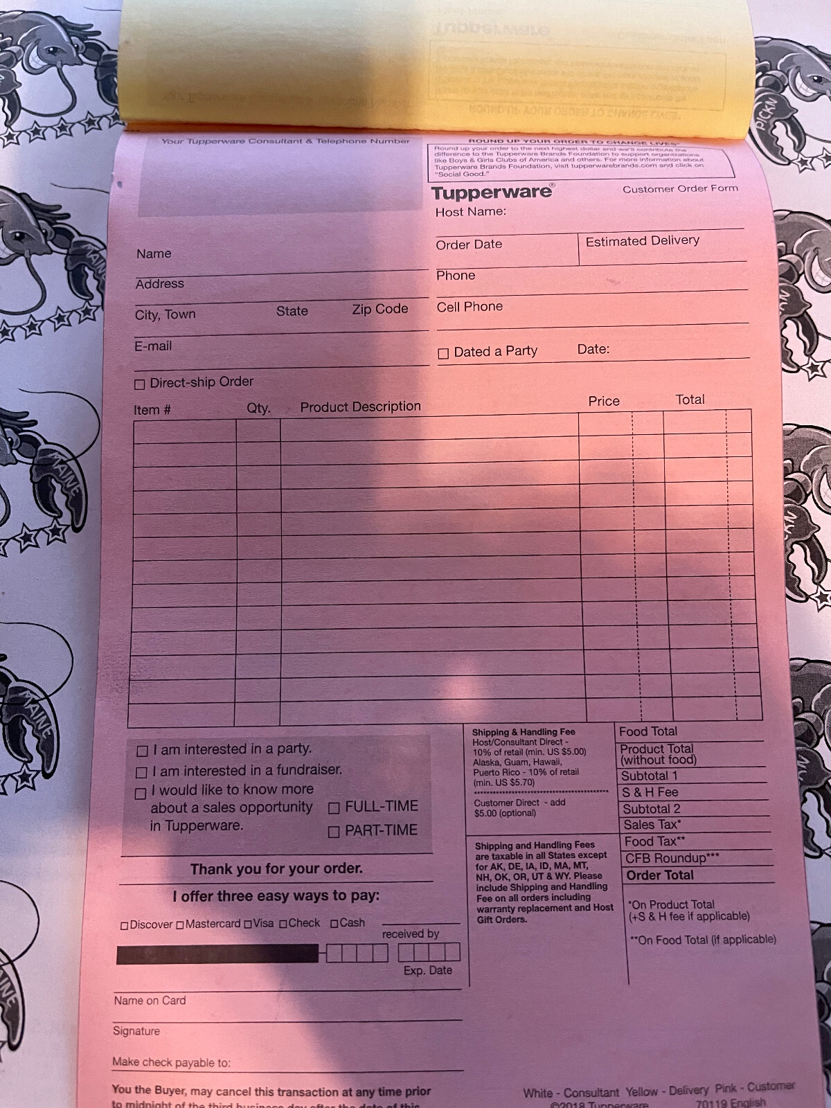 Tupperware Customer Order Forms Carbon Copy Yellow And Pink (1 PACK OF 50)