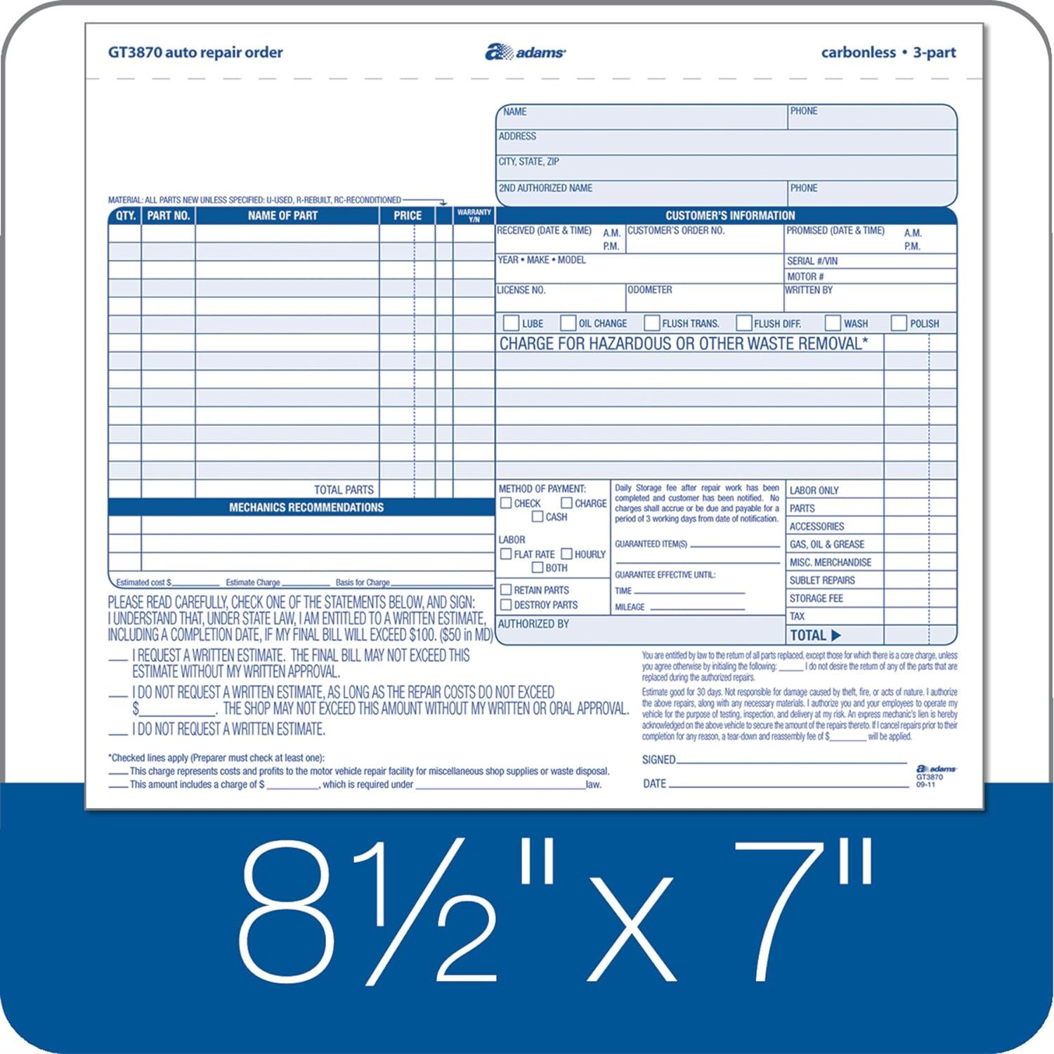 Adams 50 Pack Auto Repair Order Forms Carbonless 3 Part White Canary 8X7 In